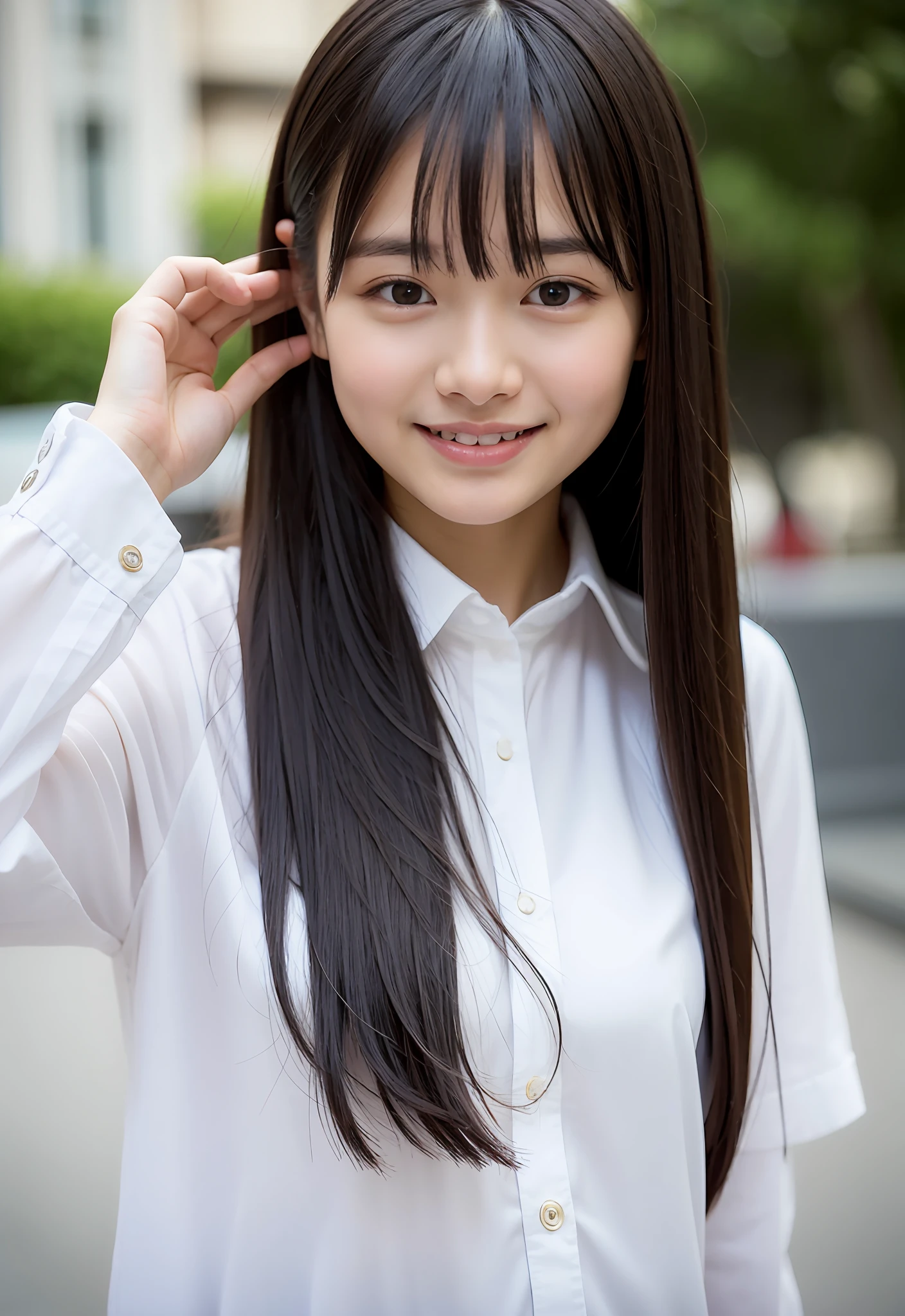 1 girl in、masterpiece、((top-quality))、realisitic、(Detailed light)、(((Close your right eye and give a signal、Left eye opens)))、short shoulder-length hair、 student、japanese hight school uniform、shortsleeves、夏天、enticing eyes、nogizaka、(a closeup)、A smile、walking down the street、Backshots、ighly detailed