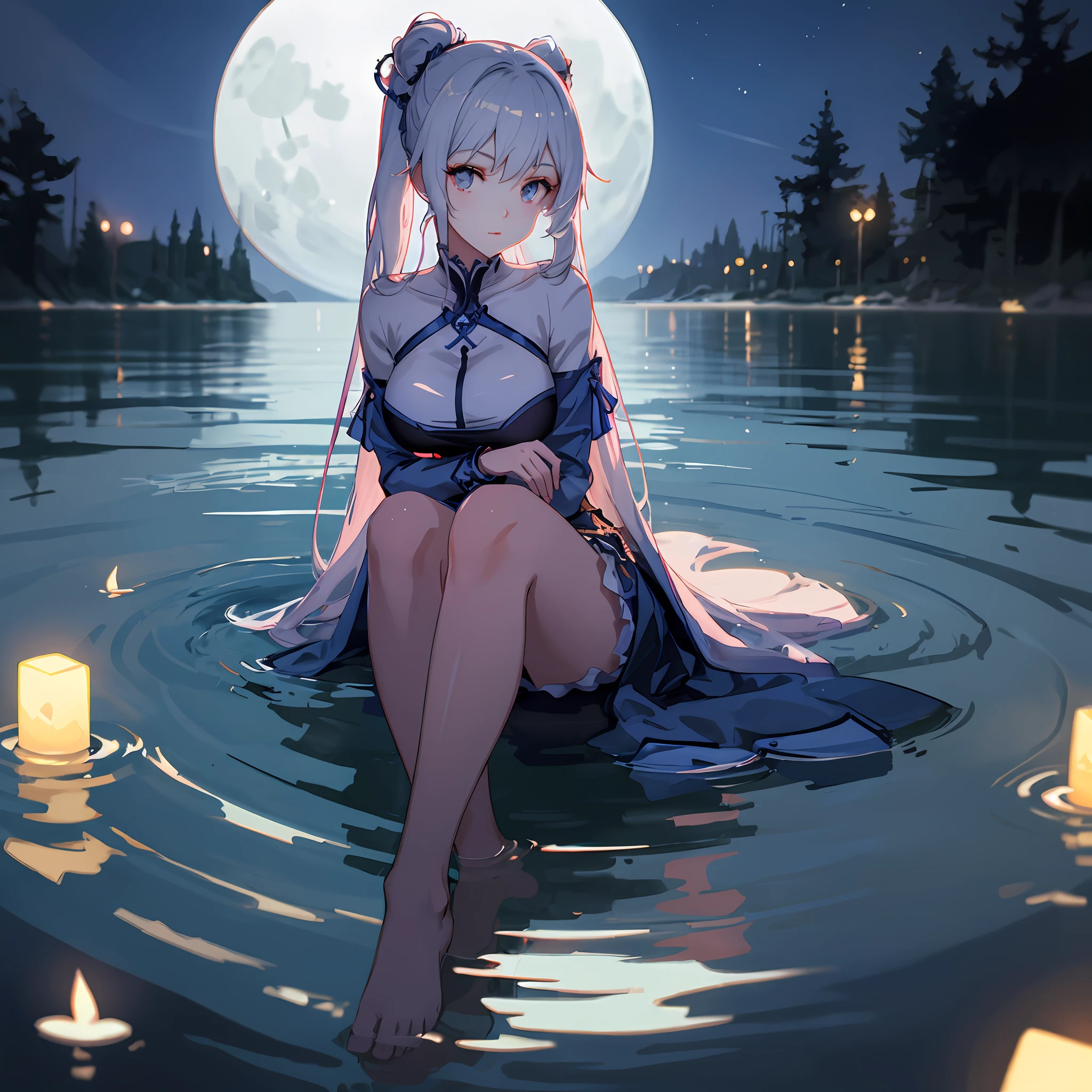 Anime girl sitting in water holding candle before full moon, Guweiz in Pixiv ArtStation, Guweiz on ArtStation Pixiv, Guviz, trending on artstation pixiv, wallpaper anime blue water, Guviz-style artwork, Anime girl walking on water, In a lake, Digital art on Pixiv,Hand detail optimization,Hand repair,Finger coordination,fingers without deformation,Finger joint detail optimization,