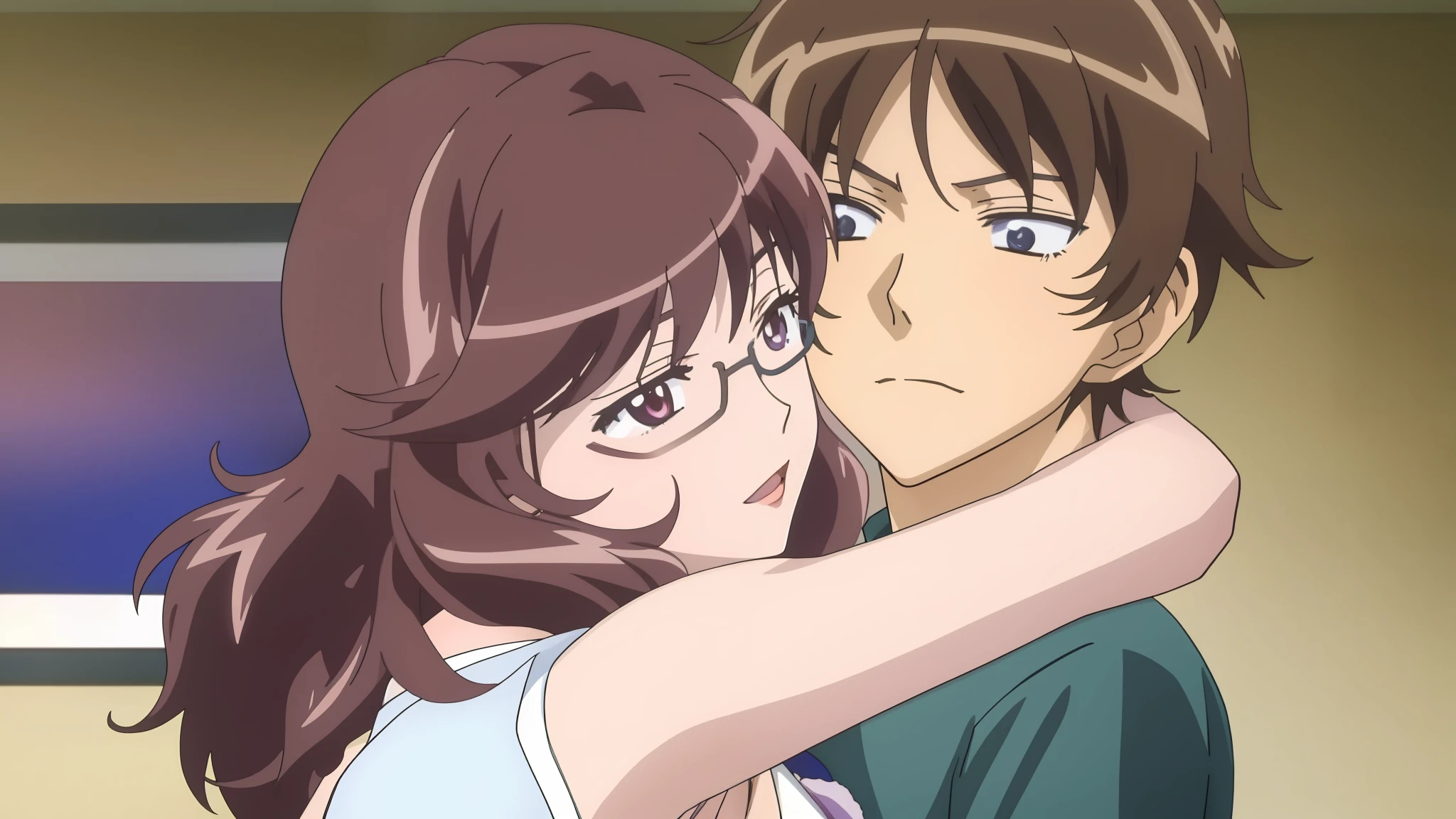 a closeup of a person hugging a person in a room, beijando juntos fofos, screencap anime, estilo miura kentaro, em um anime, arm around her neck, Yukito Kishiro, Close Up Iwakura Lain, QuioAni, Ando Tadao
