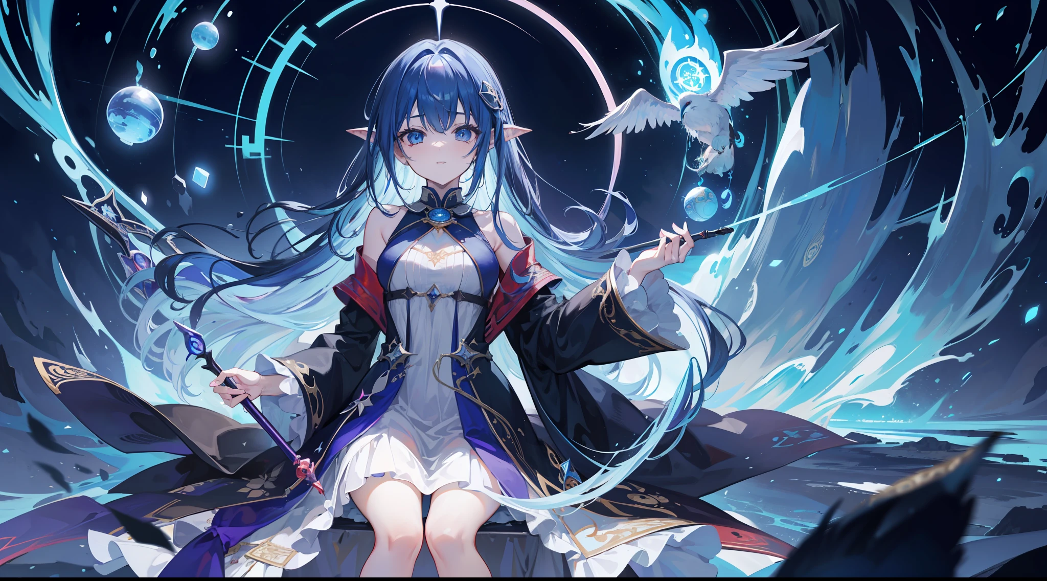 Death,Blood,Night, Dark, (Fantasy),infinite,deep blue sky,The abyss of knowledge,Cowledge,((masutepiece)), (((Best Quality))),((Beautiful fine eyes)),(Eye lashes)、The Monster、(1人)、Blue-haired、The long-haired、abyss eyes、glowy skin、oils、small tits、(Bird body、pluma)、tattered cloth、Tee、elvish、Super delicate CG unity 32k wallpaper、masterpiece, ((ultra-detailliert)), ((illustratio)),colourfull,wall-paper,The energy,Unknown terror,Incomprehensible,Around the magic,Magical surroundings,magic wands,Boken,Flying pages,Know everything,Predict the future、Get to know the past、Infinite wisdom、blue flames、Warlock、magic circles、Pentagram、Spells、mantra、Singing magic