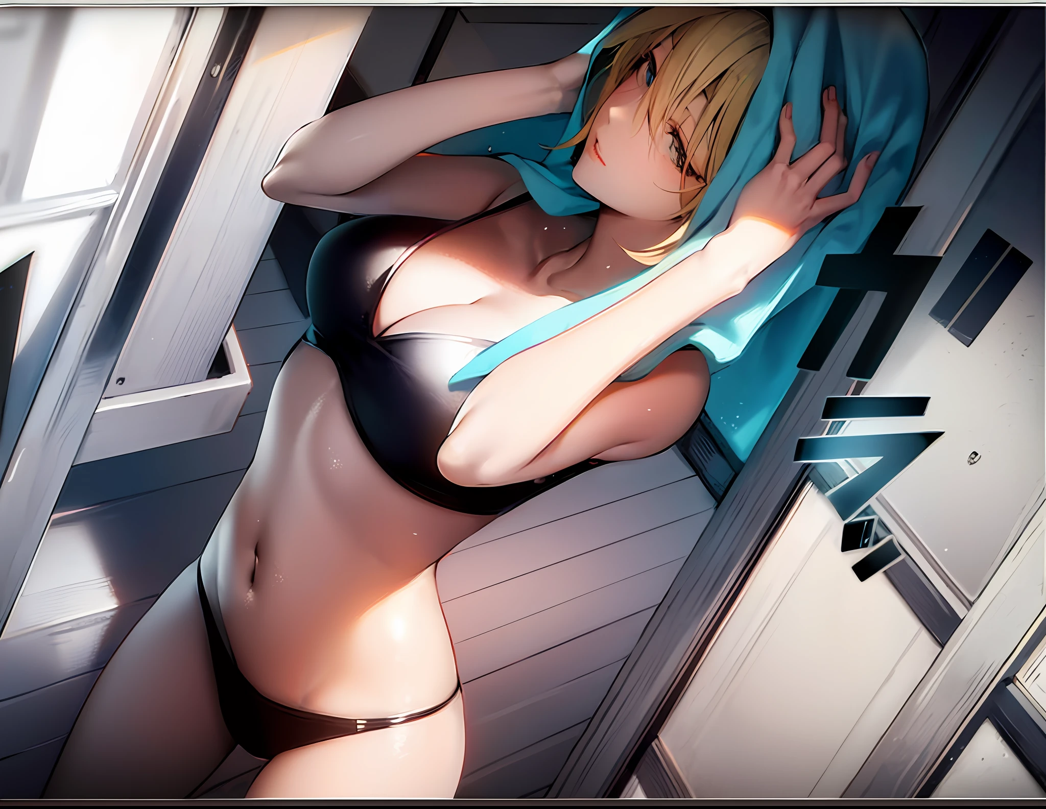 a woman in a  standing in front of a window, blonde, a towel on the head, estilo de arte anime (colorido)
