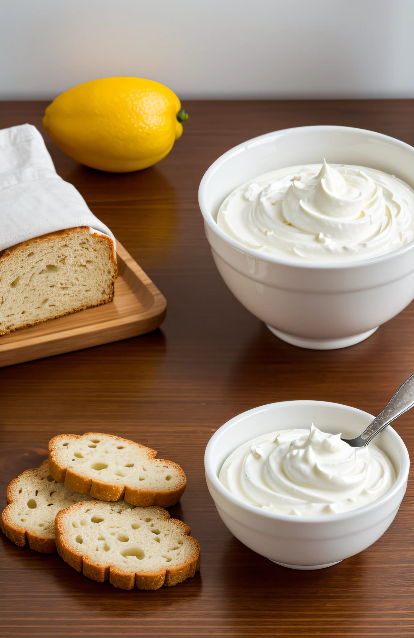 "In a clean and inviting kitchen setting, witness the essence of Greek yogurt come to life in this stunning photograph. The minimalist backdrop accentuates the purity of this wholesome treat."