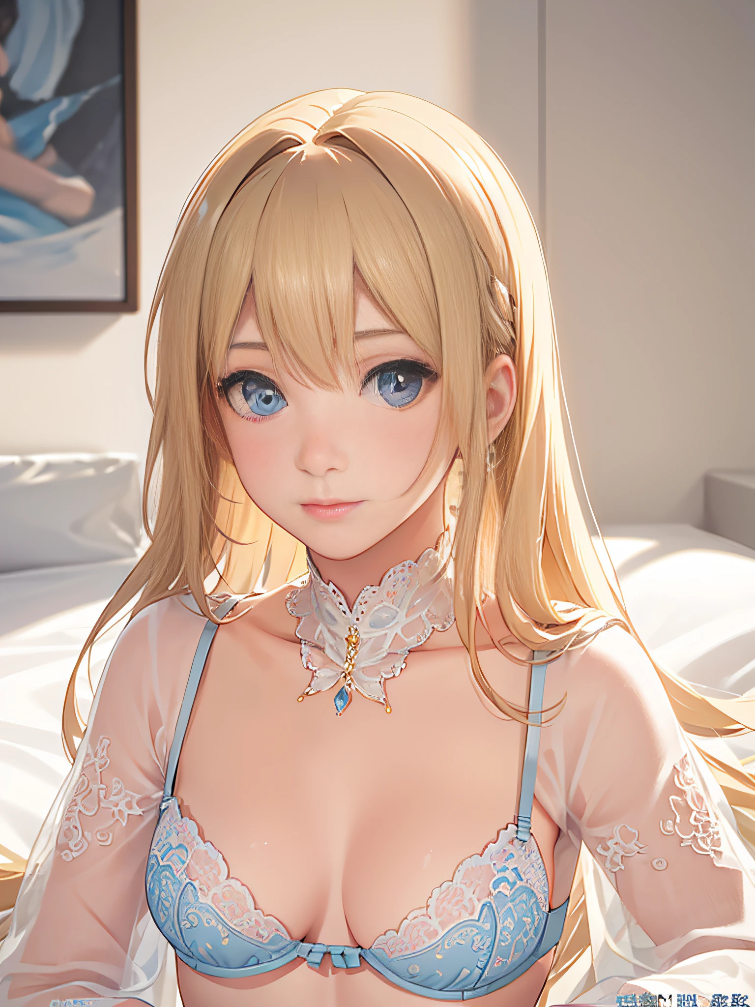 (photo-realistic:1.4), (master masterpiece, Side Light, Fine and beautiful eyes: 1.2), master masterpiece*portrait, real, 3D 顔, Luminous eyes, shiny hair, Skin luster, One person, ashamed, (epigastrium), Very fine lace underwear in blue color, Blonde hair、Long sleeves、long hair、