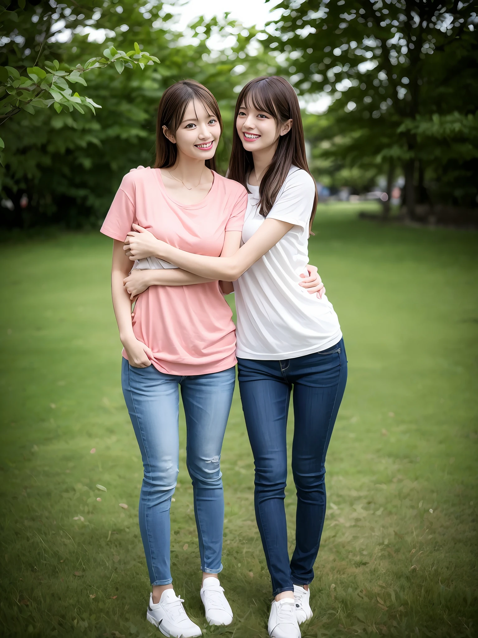 （超高分辨率，RAW photogr，realisticlying，tmasterpiece，best qualtiy：1.4），Complicated details，2 20 year old Korean girl，Wear a loose black T-shirt and skinny jeans，Stand on the grass and take pictures，hugs，Intimate relationships，Detailed meadow，A sweet smile on a small face，Ultra-realistic facial details，The face and skin are pink and white, and luminous，Playful and coquettish pose，The calves are straight and slender:1.2，Wear high-end brand sneakers:1.0，eventide：0.3，Broad lighting，naturalshadow：1.0，超高分辨率，taking a full body photo:1.8 --auto