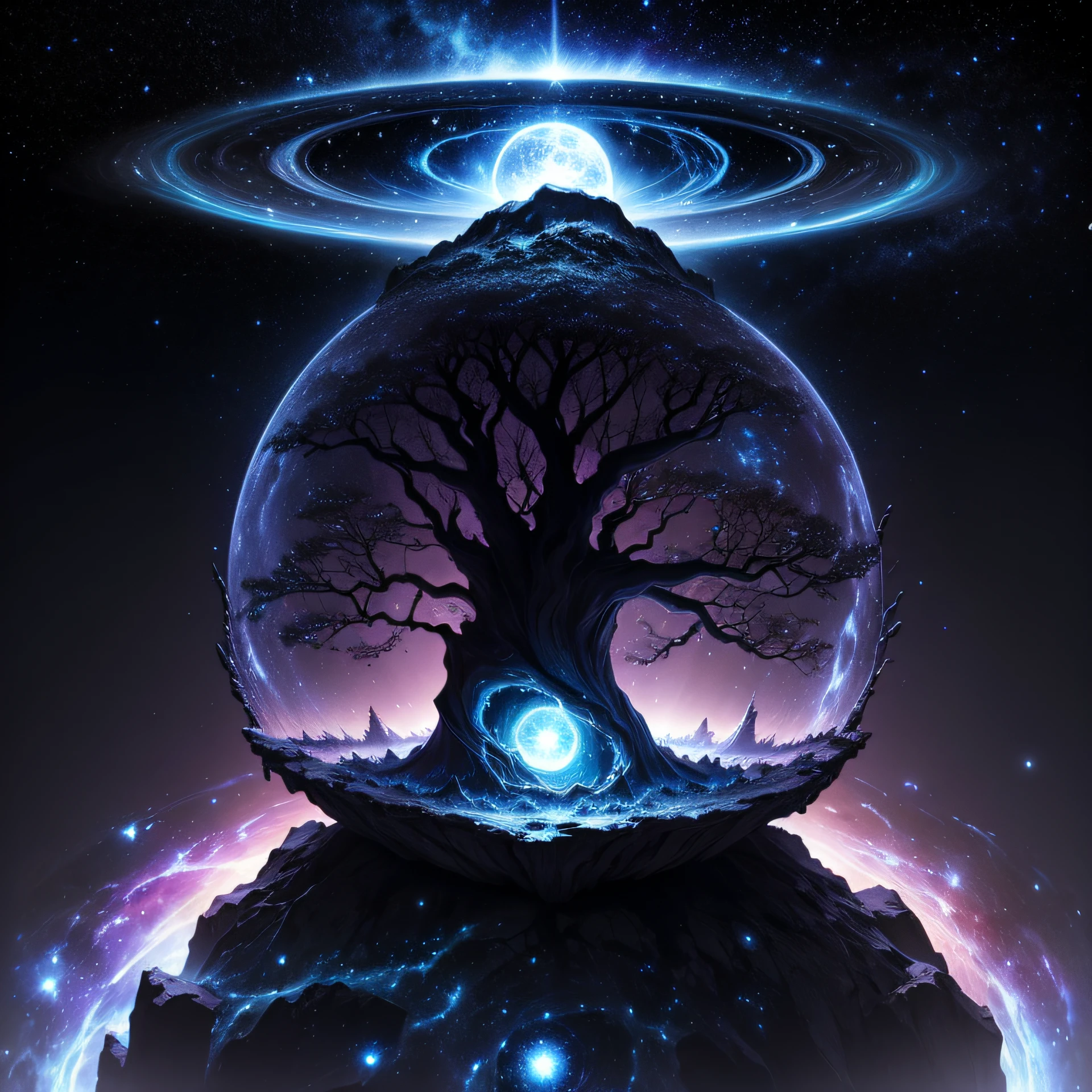 World Tree,Star ring,the boundless universe,Endless galaxies,Dangerous black holes,Exploding supernova,Floating stellar nebula,Negative dark mode --auto