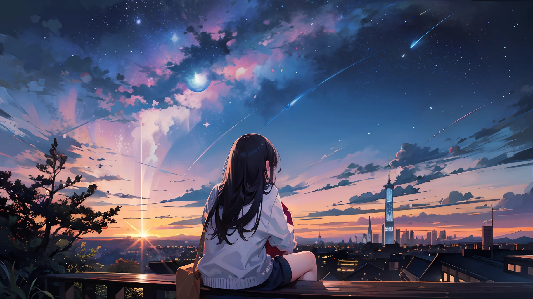 octans, sky, star (sky), scenery, starry sky, night, 1girl, night sky, solo, outdoors, building, cloud, milky way, sitting, tree, long hair, city, silhouette, cityscape