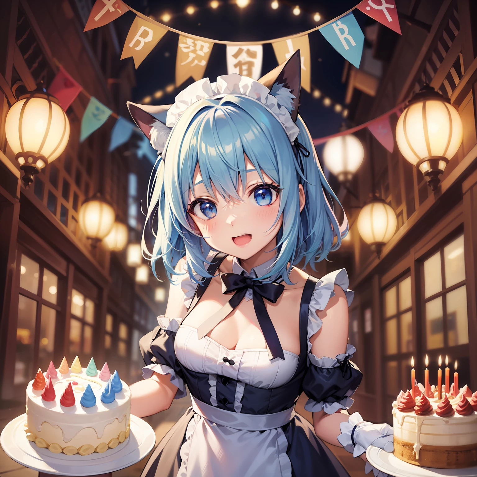 Aoi_Fukayuki、1 girl in、anime styled、full body Esbian、(blue hairs)、(shorth hair)、Shy laughter、red tide、blue eyess、maid clothes、(Black stockings)、Absolute area、White Cat Ear Band、hightquality、best qualtiy、emphasizing thighs、to stand、Have a birthday cake、chandelle、ignite、Birthday Celebration