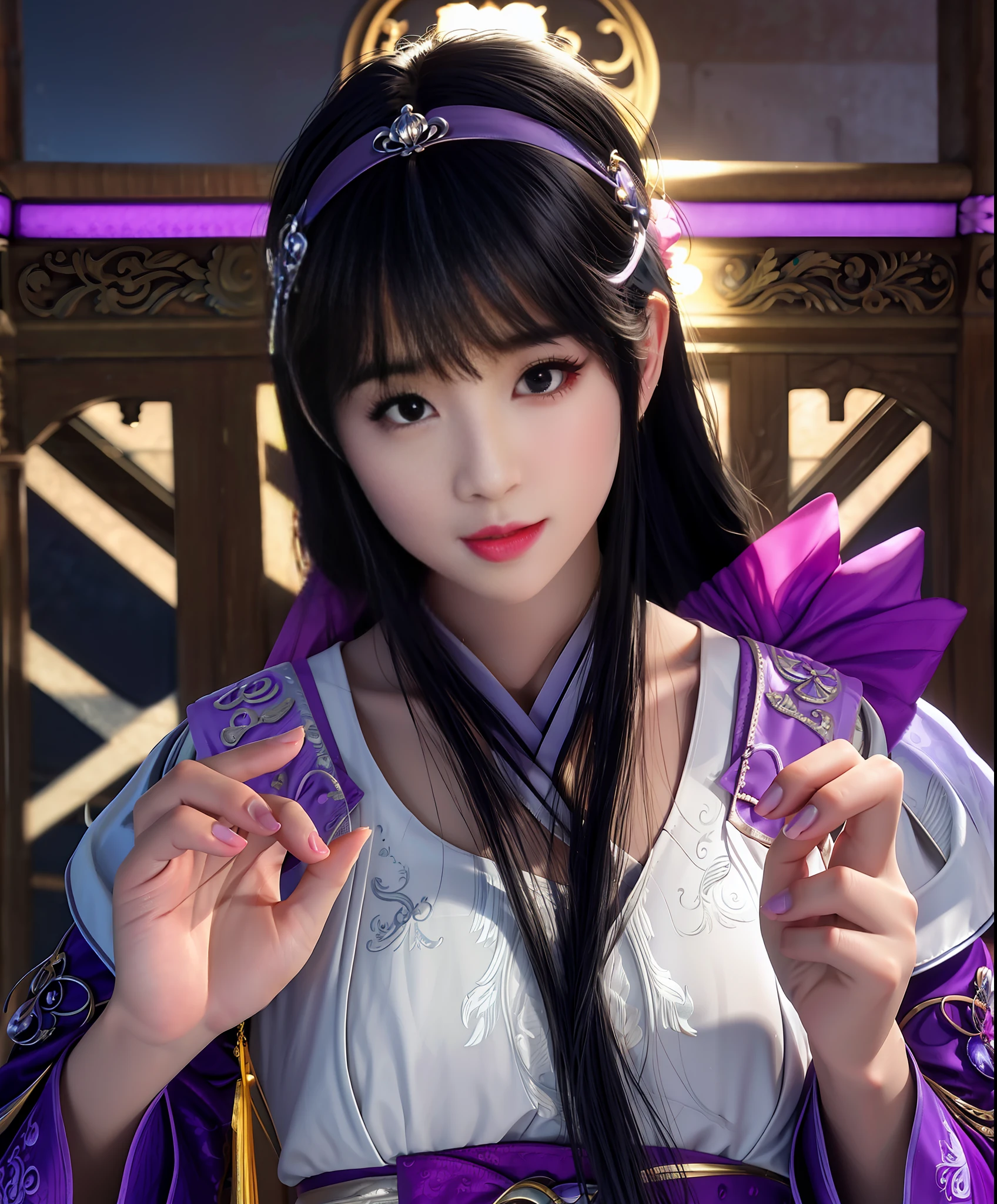 period costume, Journey to the West, Purple Xia Fairy, Purple Hanfu, Black hair, hair scrunchie, purple hairband, cubismo, neo-classical, romanticism lain, stereograms, A high resolution, Black hair, shairband, hair scrunchie, purple hairband, aqua eyes, Verism, classicism, High detail, Chiaroscuro, Cinematic lighting, Verism, cubismo, classicism, neo-classical, romanticism lain, High detail, Chiaroscuro, Cinematic lighting, stereograms, surrealism, High detail, hyper photorealism, Anatomically correct, HD, High details, Textured skin, Best quality, High quality, Anatomically correct, HD, A high resolution, High details, Textured skin, Best quality, High quality