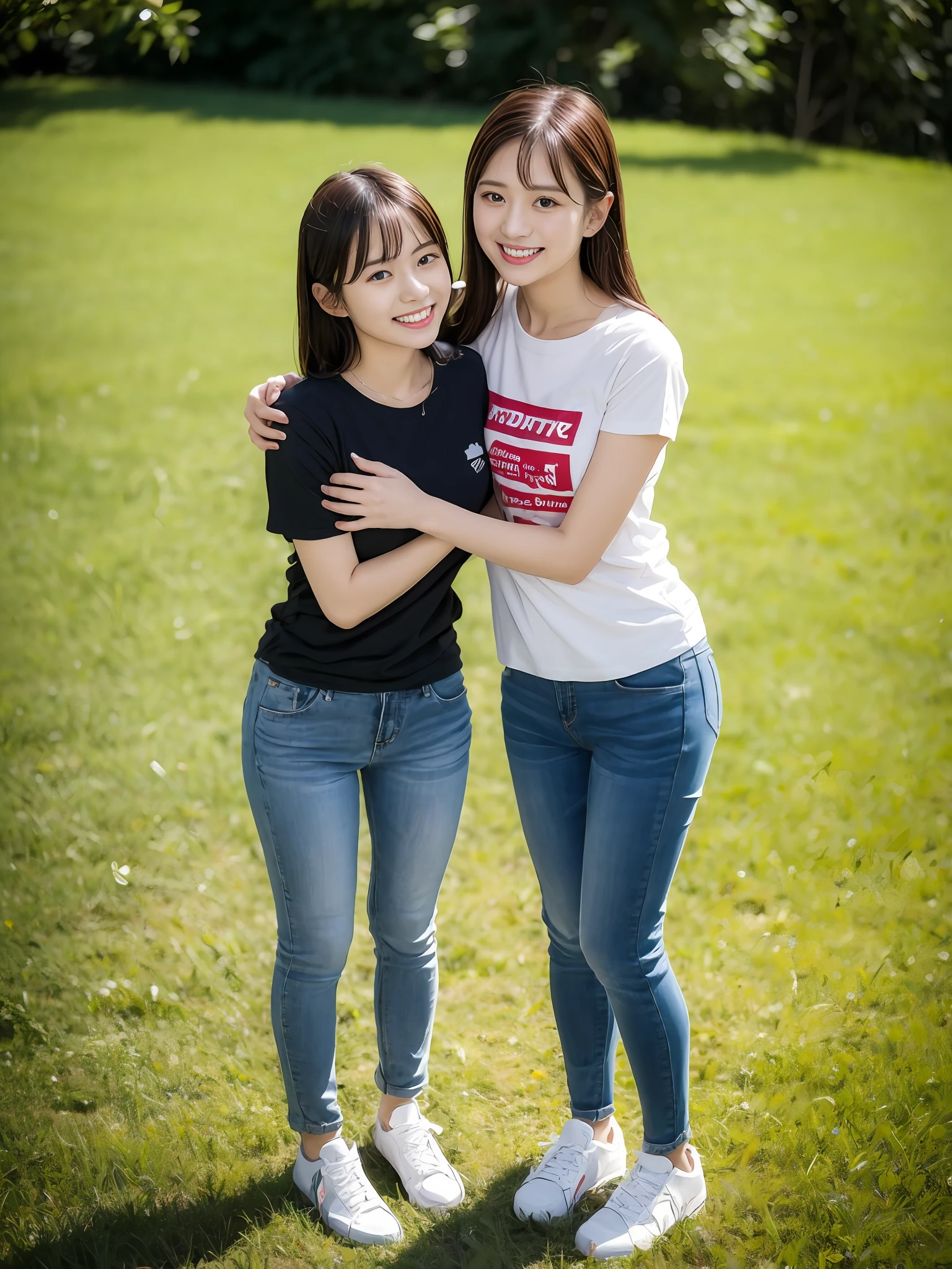 (超高分辨率,RAW photogr,realisticlying,tmasterpiece,best qualtiy:1.4),Complicated details,2 20 year old Korean girl,Wear a loose black T-shirt and skinny jeans,Stand on the grass and take pictures,hugs,Intimate relationships,Detailed meadow,A sweet smile on a small face,Ultra-realistic facial details,The face and skin are pink and white, and luminous,Playful and coquettish pose,The calves are straight and slender:1.2,Wear high-end brand sneakers:1.0,eventide:0.3,Broad lighting,naturalshadow:1.0,超高分辨率,taking a full body photo:1.8 --auto