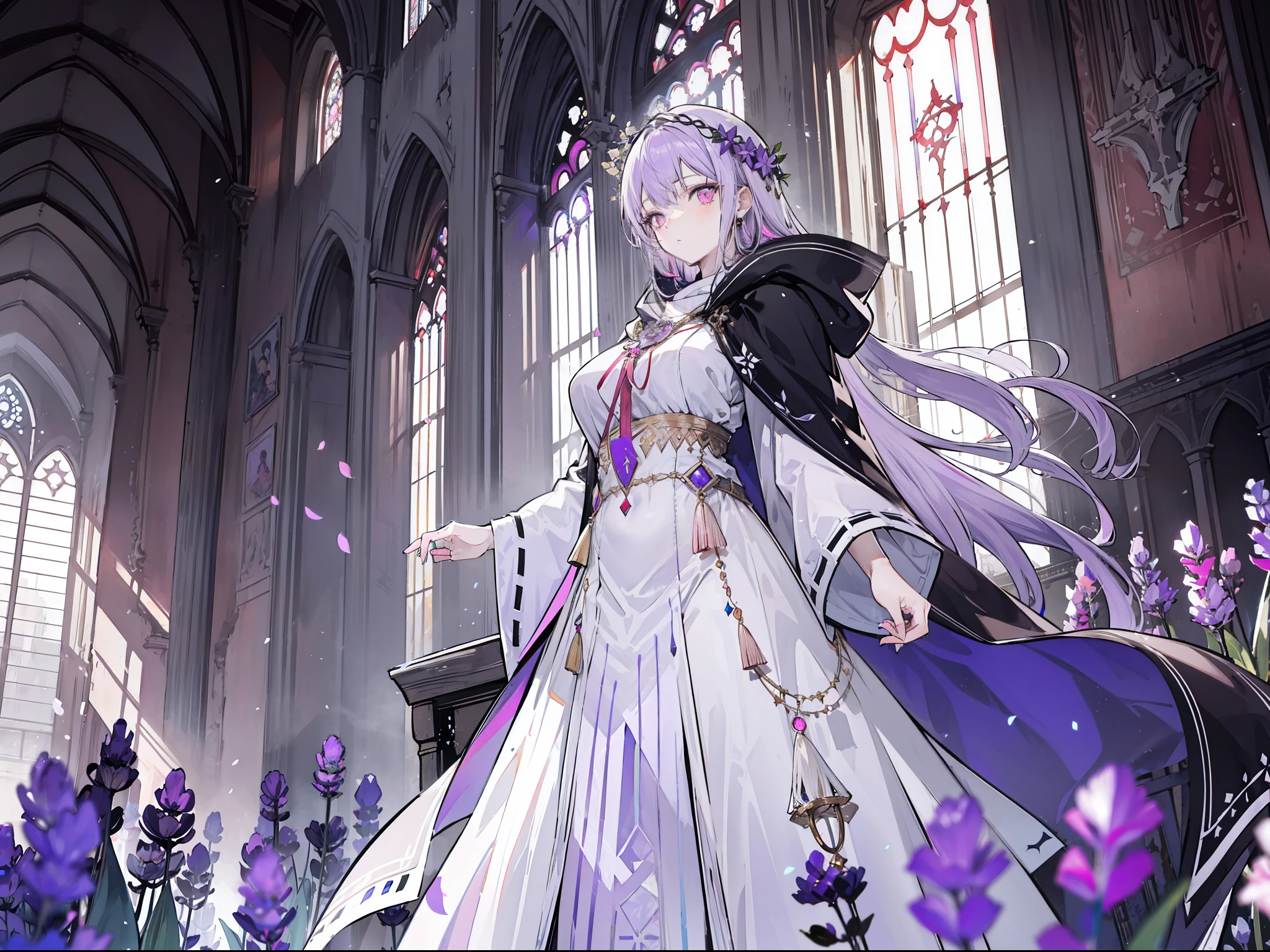 "Epic Sanctuary atmosphere, stunning 4k artwork featuring a beautiful milf with lavender hair. Deep pink eyes. She was wearing white priestess cloak in the Sanctuary"