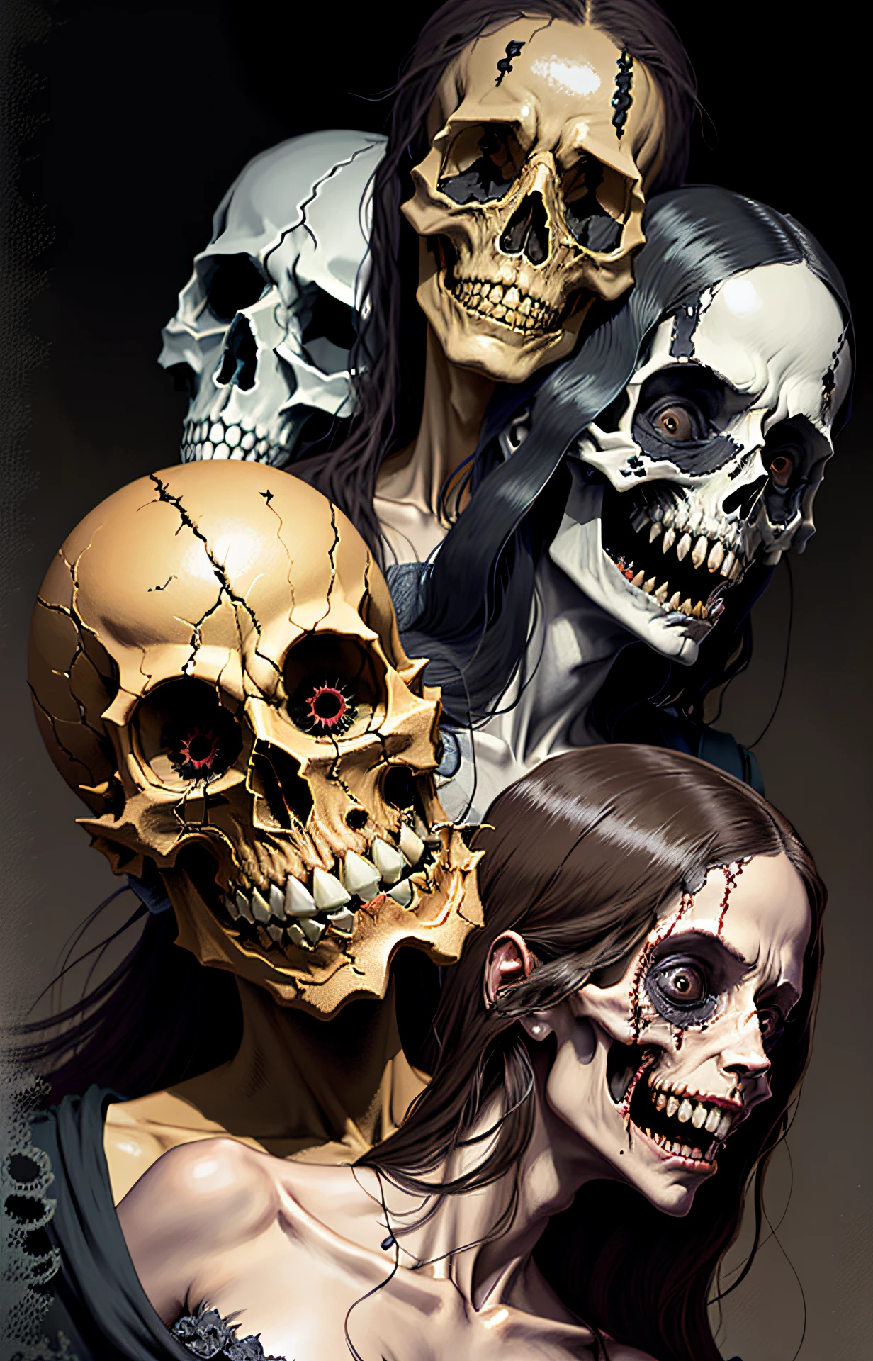 a drawing of a woman with a skull face and a bird on her head, horror illustration, pointed teeth and several eyes, horror abstrato, Three heads, Quatro faces em uma criatura, nightmarish illustration, multiple faces, 3 heads, with multiple eyes, complex cybernetic beings, sorrisos assustadores, rabiscos faciais, sorriso horripilante. horror, arte conceitual de terror