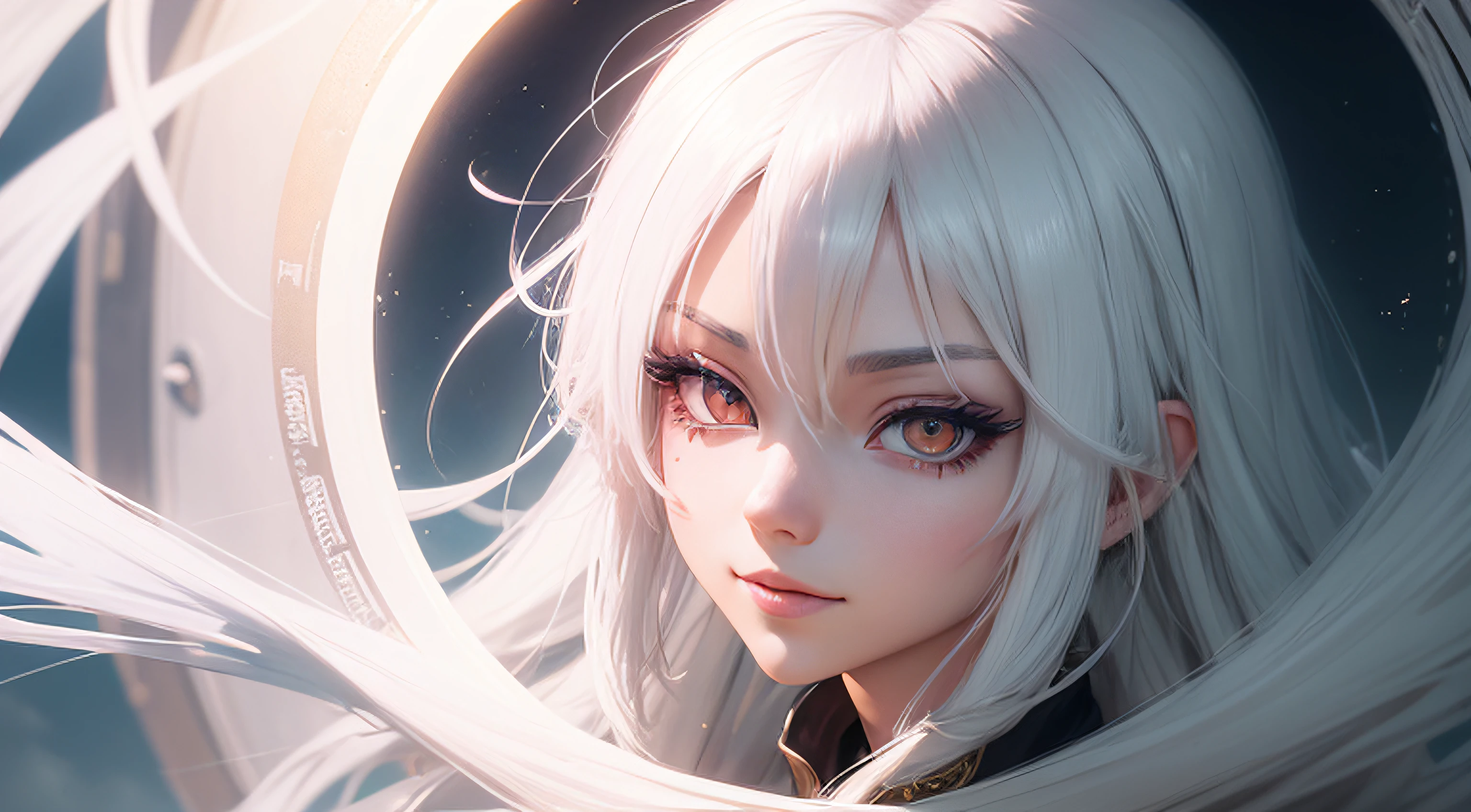 longeyelashes, solid circle eyes, light smile, colored inner hair, white hair, Surrealism, drop shadow, anaglyph, tachi-e, pov, atmospheric perspective, anime style, 8k, super detail, ccurate, best quality, award winning, textured skin --auto
