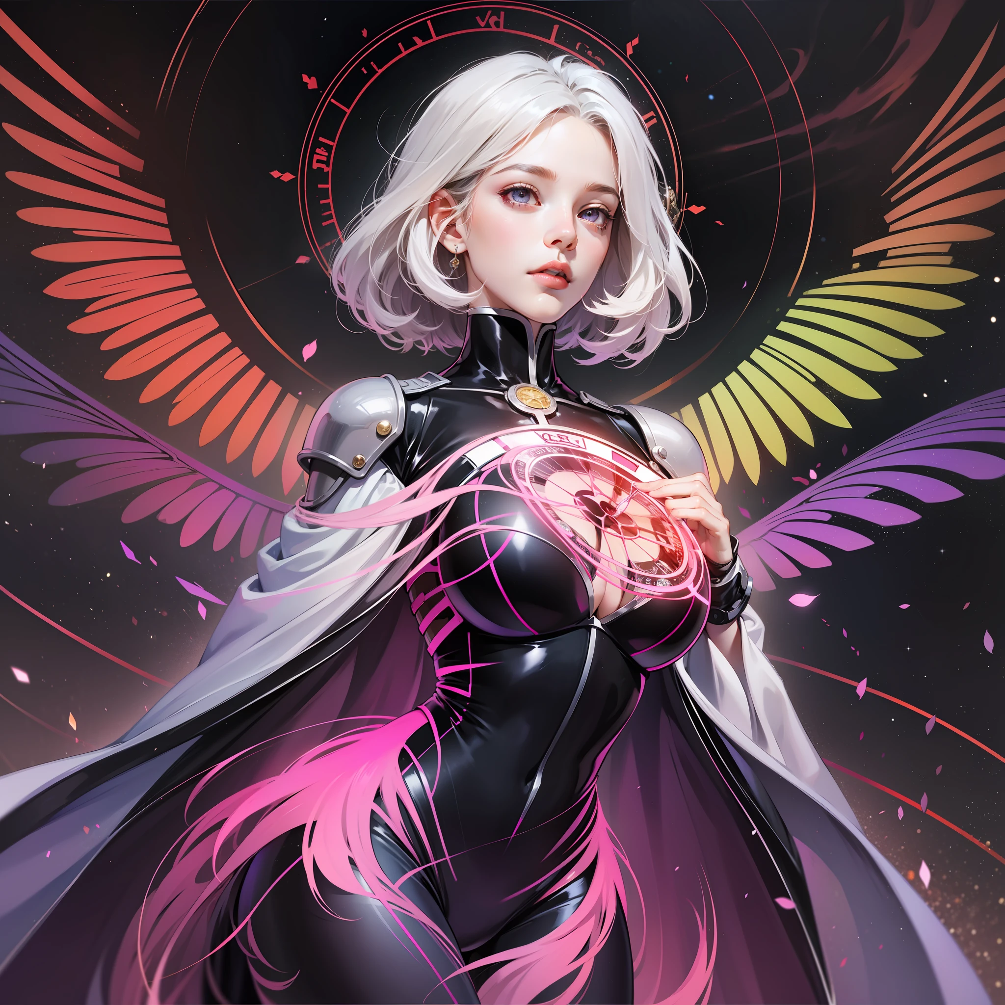 from below, high resolution, highest quality, super high quality, super detail, ultra realistic, photorealistic, anime, manga, illustration, Northern Renaissance style, fantasy, super beautiful cute girl, silver short tired hair, sparkling big pink eyes, mysterious, enchanting, tattoos, huge breasts, under boob, great proportion, perfect proportion, slender, full body, big wings, background galaxy, magic circle, kaleidoscope, rainbow and gold neon light many lines, cyber punk, church, cityscape