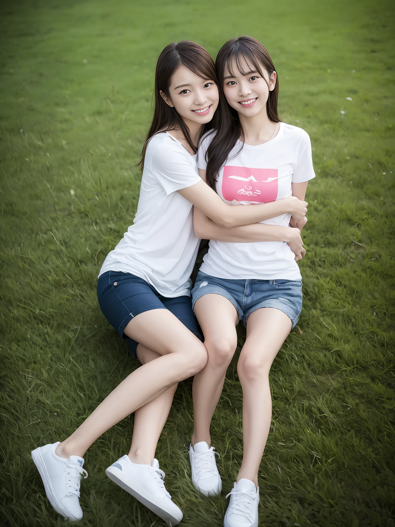 （超高分辨率，RAW photogr，realisticlying，tmasterpiece，best qualtiy：1.4），Complicated details，2 20 year old Korean girl，Wear a loose black T-shirt and skinny jeans，Stand on the grass and take pictures，hugs，Intimate relationships，Detailed meadow，A sweet smile on a small face，Ultra-realistic facial details，The face and skin are pink and white, and luminous，Playful and coquettish pose，The calves are straight and slender:1.2，Wear high-end brand sneakers:1.0，eventide：0.3，Broad lighting，naturalshadow：1.0，超高分辨率，taking a full body photo:1.8 --auto