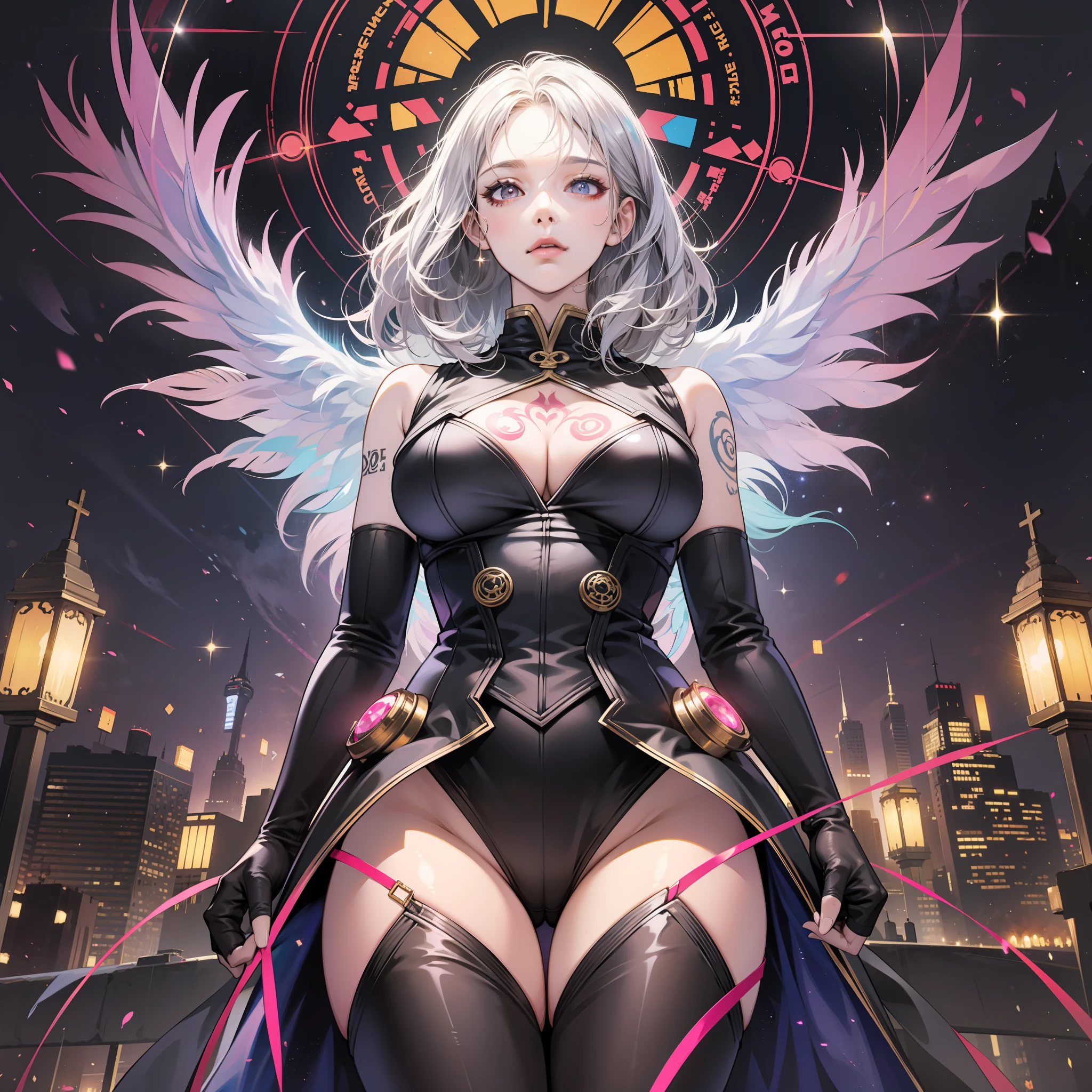 from below, high resolution, highest quality, super high quality, super detail, ultra realistic, photorealistic, anime, manga, illustration, Northern Renaissance style, fantasy, super beautiful cute girl, silver short tired hair, sparkling big pink eyes, mysterious, enchanting, tattoos, huge breasts, under boob, great proportion, perfect proportion, slender, full body, big wings, background galaxy, magic circle, kaleidoscope, rainbow and gold neon light many lines, cyber punk, church, cityscape