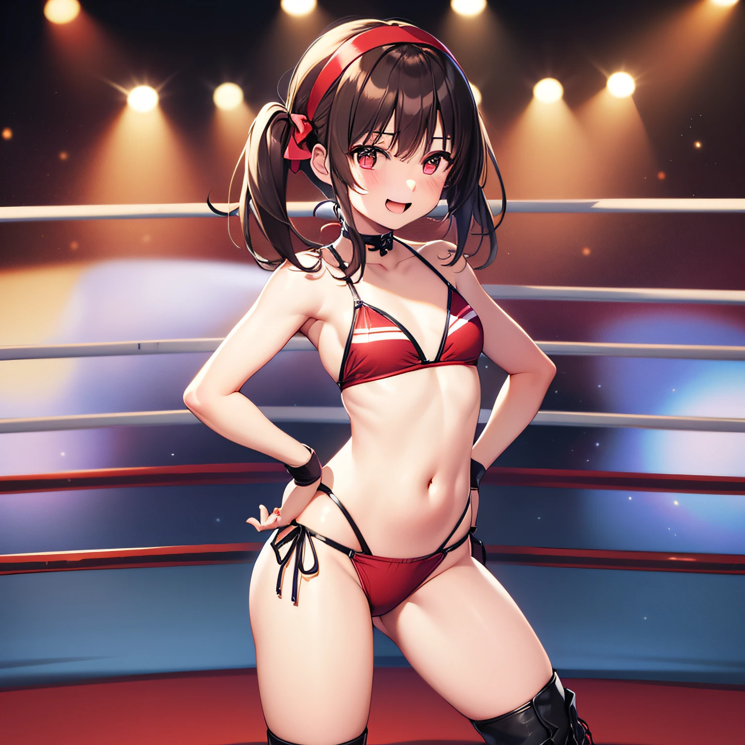 top-quality、extremely delicate and beautiful、（One Person）、(small tits)、Girly、Girly、(11years old  girl)、(Dark hair)、(maikurobikini)、((poneyTail))、(red hairband)、(Brown boots)、A smile、professional wrestling、Crowd Circle View、professional wrestling、spectator seats、Crowd Circle View、Fights in professional wrestling、Fighting、Rise to the pinnacle of professional wrestling、Facing the front、Hands on the hips、Stand alone in the ring