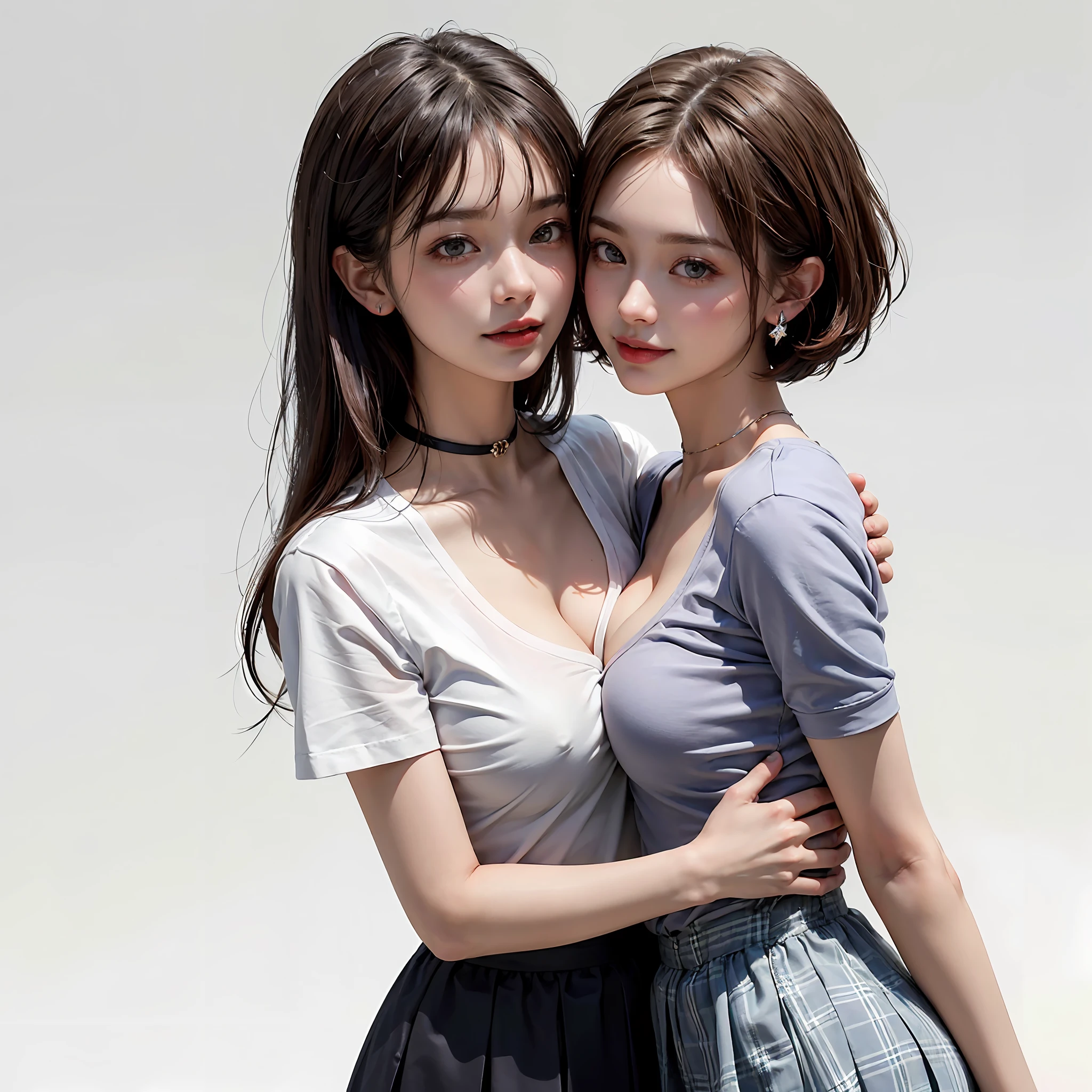 Two people facing each other and hugging happily、Two people hugging each other happily、Two people hugging each other tightly、Two people put their cheeks together、Two people piercing from cheek to cheek、Two people touching cheeks with cheeks、Both of them stare intently at the camera、Look firmly at the camera、Lesbian couple、Lily couple、((Bring your cheeks together、30-years old、Both are 190cm tall supermodels))、Two pretty and pretty girls、​masterpiece、top-quality、realisticlying、realisitic、Seductive bright smile、Both of them have short clean hair with bangs、bangss、bangss、Both have short hair、clean hair with bangs、Short sleeve collar shirt with collar、Collared shirt、(Plaid pleated skirt)、enticing eyes、Both have very large breasts、very Bigger breasts、Big ass、big breasts thin waist、(cleavage of the breast)、(Immaculate white background with nothing really)、(24 year old）、ighly detailed、Very tall、neck long、the neck is long、Straighten your back、Put your ears out、Highlights in the eyes、lipgloss、glowy skin、White-colored skin、Clean collarbone、closes mouth、Close your mouth and smile、Happily、Nice proportions、lovely、Charming and endearing、Colorful random collar shirt、Colorful random color skirt、Do not add shadows、No shadows