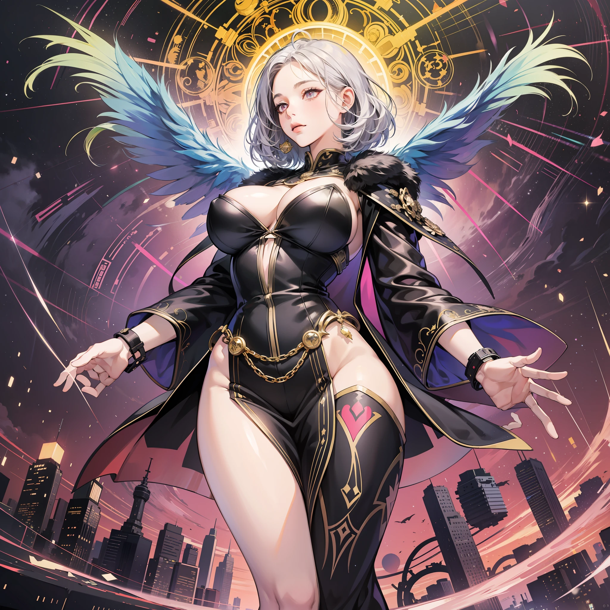 from below, high resolution, highest quality, super high quality, super detail, ultra realistic, photorealistic, anime, manga, illustration, Northern Renaissance style, fantasy, super beautiful cute girl, silver short tired hair, sparkling big pink eyes, mysterious, enchanting, tattoos, huge breasts, under boob, great proportion, perfect proportion, slender, full body, big wings, background galaxy, magic circle, kaleidoscope, rainbow and gold neon light many lines, cyber punk, church, cityscape