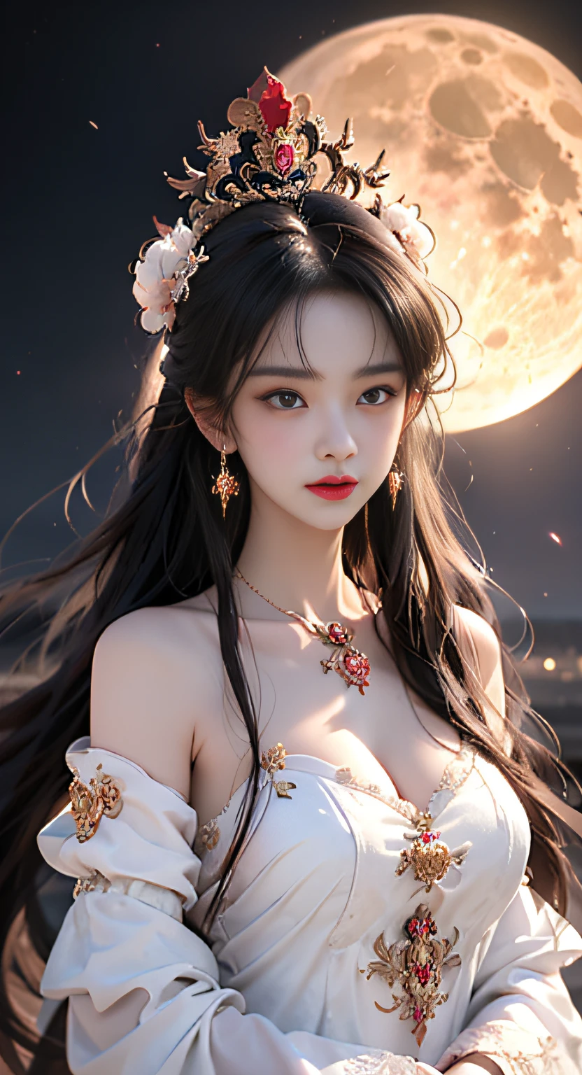 1 adult empress wearing a red lace top, deep-breasted nightgown, Chinese-style clothes, ancient costumes with many phoenix patterns, flawless pink and white face, crowned head, hip-length black hair , very beautiful and sharp brown eyes, small red lips, painted lips, closed mouth, jewelry worn around the neck, earrings, white and even teeth, high nose, big round breasts, the girl's body is covered with water on chest, long legs, thin mesh black socks, portrait, most realistic, highest quality, best pixels, 8k ultra , (clear super big moon background: 1.8)