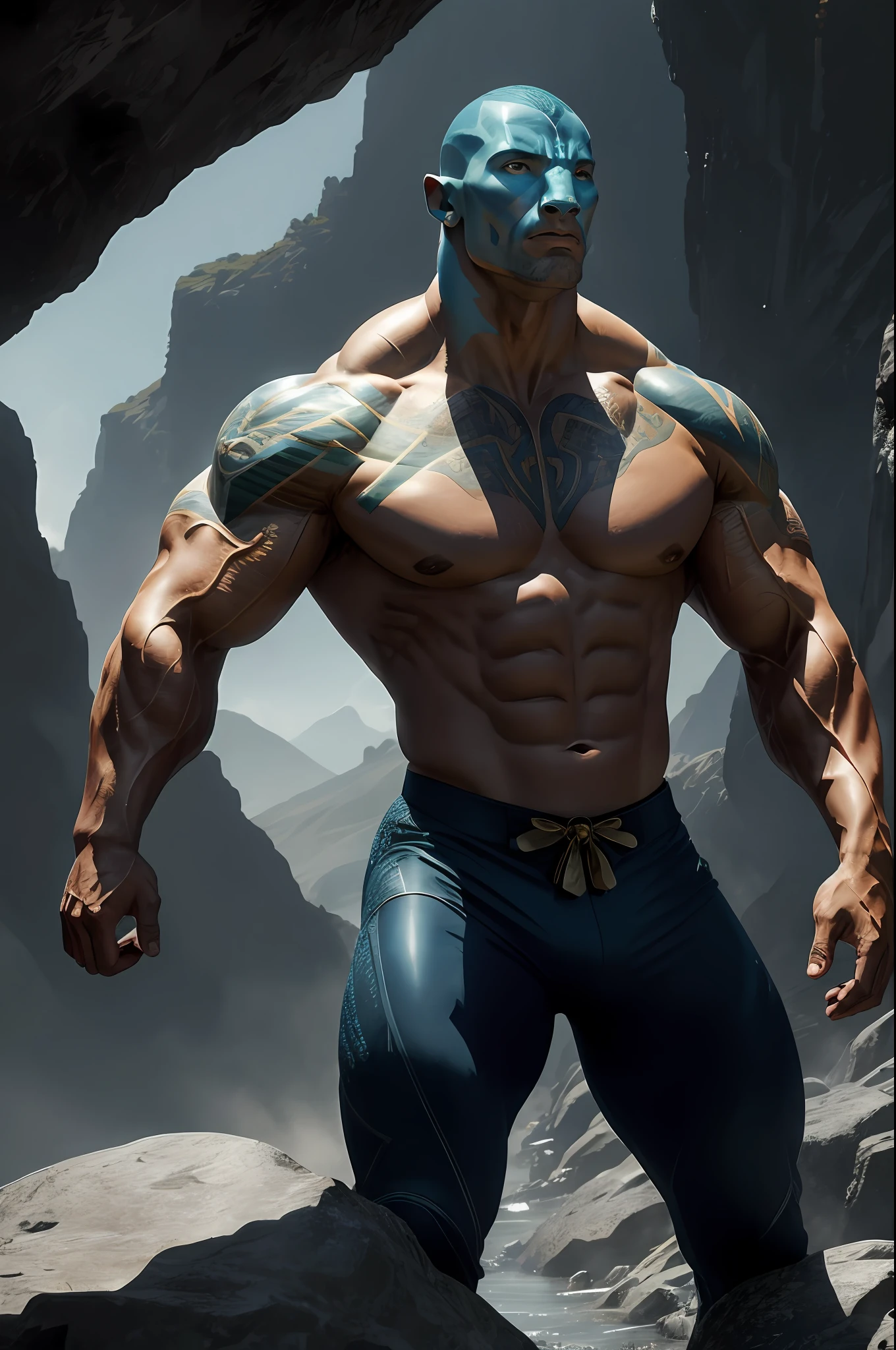 (16k, foto RAW, melhor qualidade, obra-prima: 1.2), ultra-detalhado, arte formal, foto realismo: 1.37, foto do corpo inteiro, (homem, beleza ,( Dwayne Johnson)film grain, AVATAR de (AVATAR FILME) ATTACK pose ))detalhes ,(Waters )), DETALHES