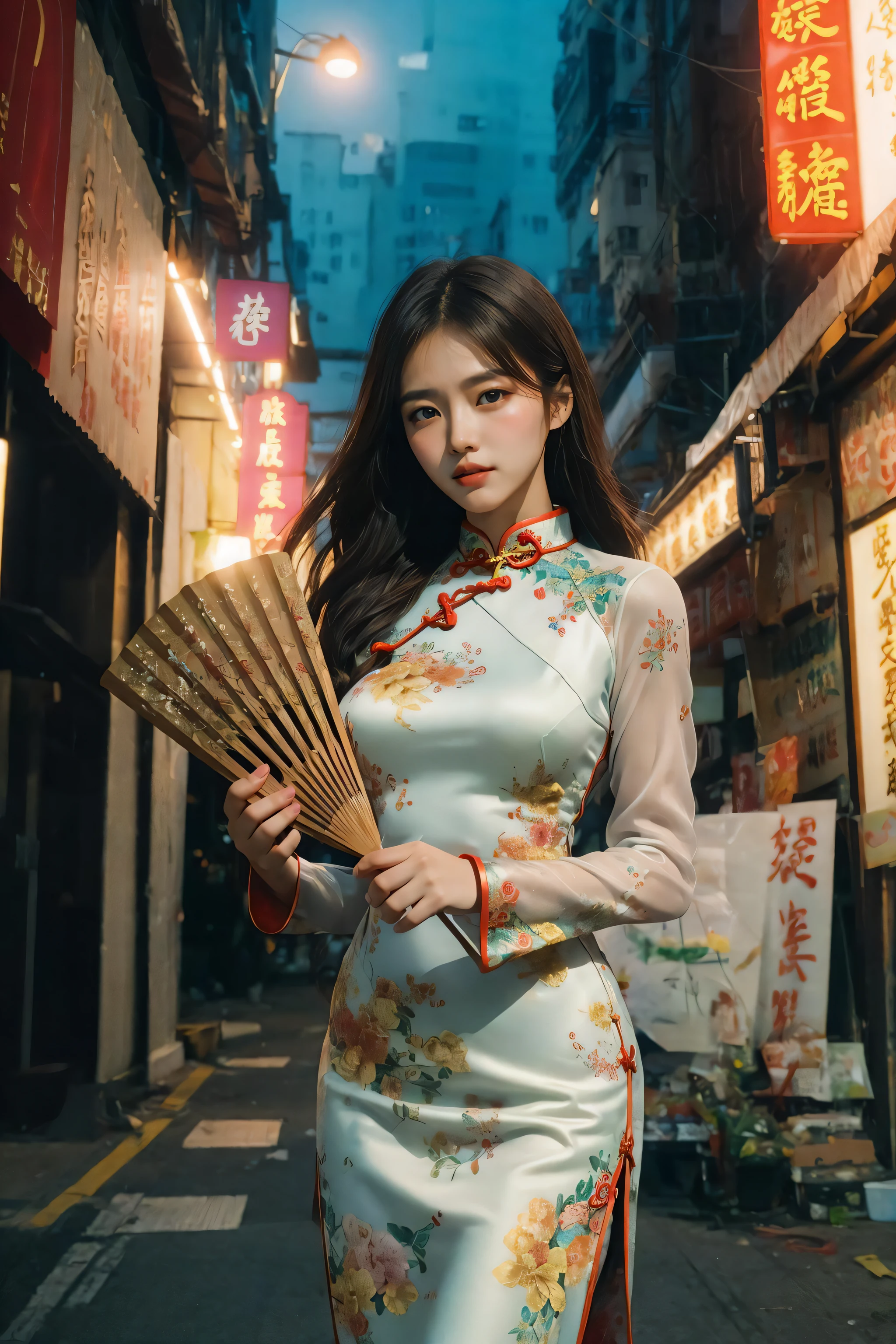 masterpiece,ultra realistic,32k,extremely detailed CG unity 8k wallpaper, best quality,1 girl, cheongsam, holding folding fan, cowboy shot, street, hongkong street, (film grain:1.2), (film overlay:1.3), night,