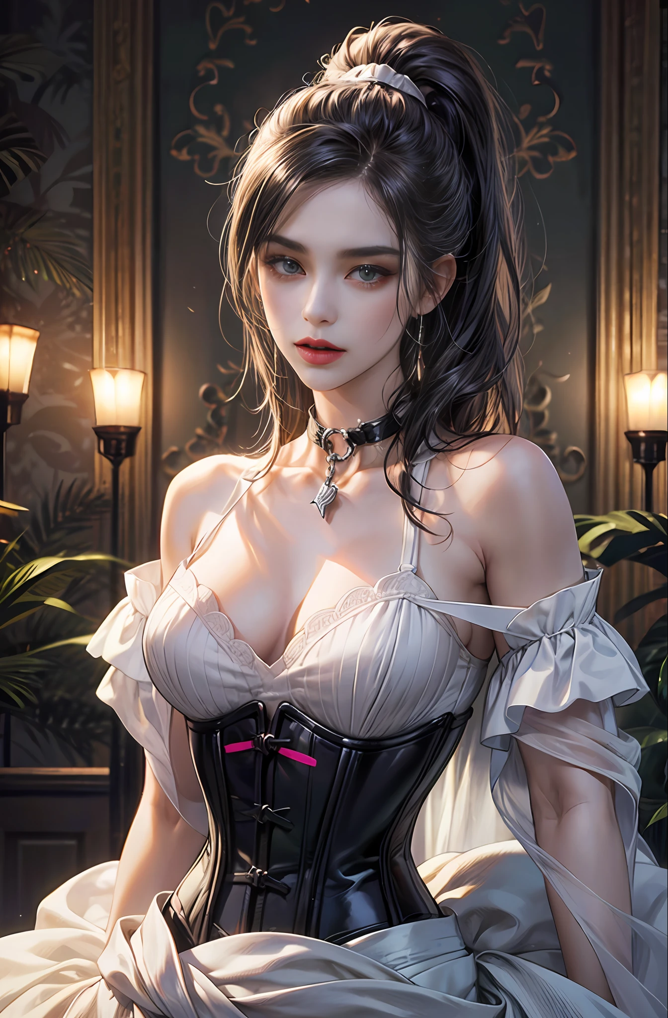 rage face，BDSM，slaves，rubbery，black corset，shackle，collars，NSFW，（（best qualtiy，8k，tmasterpiece：1.3））），Clear focus：1.2，（layer cut，The large：1.2），Beautiful Women in Perfect Figure：1.4，Slender abs：1.2，Moist body：1.5，Highly Detailed Face and Skin Textur，Detailed eyes，二重まぶた，long whitr hair，High ponytail --auto