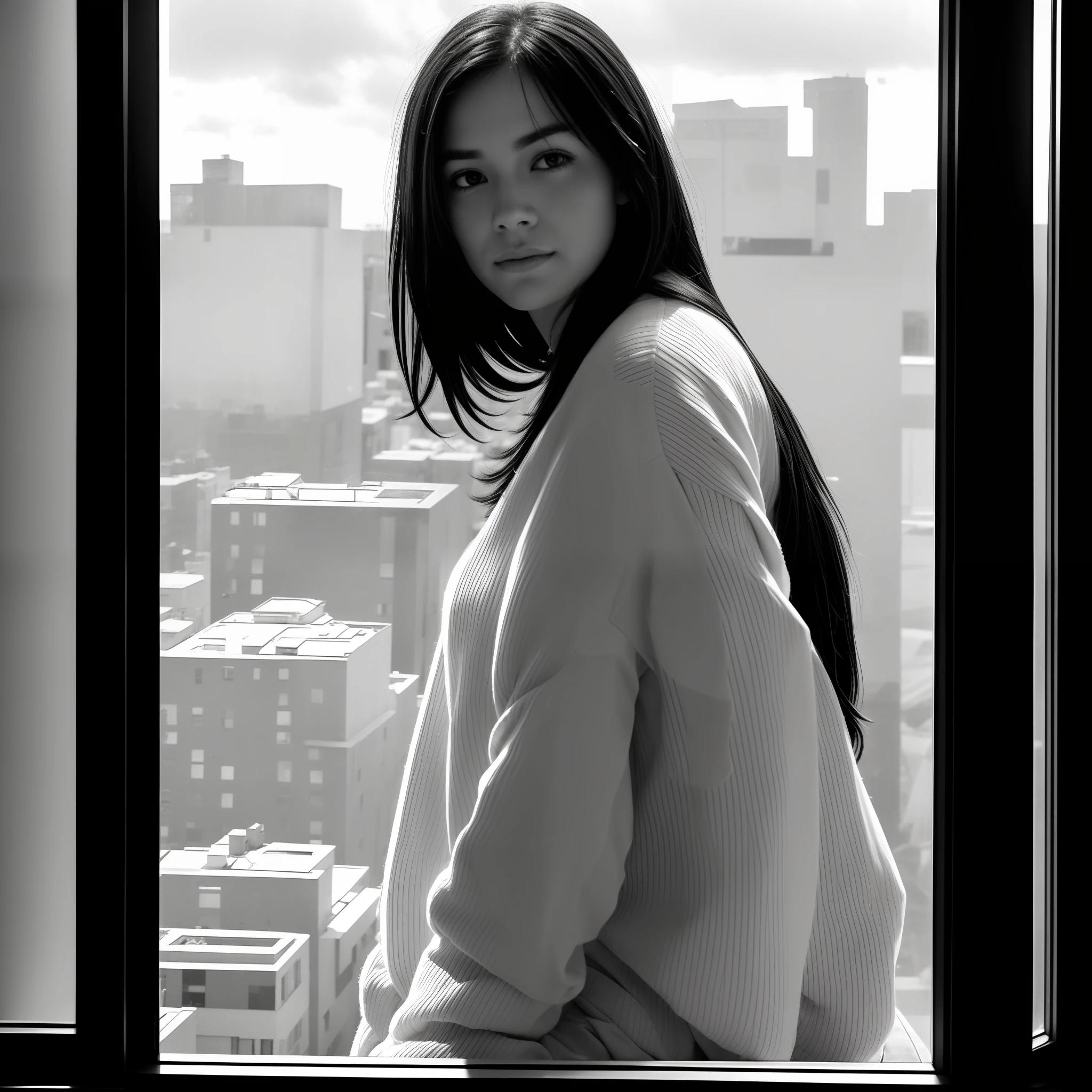 CHARACTER (01 woman / 30 years old / Spanish / black hair / white skin / black eyes / loose hair / messy hair / simple clothes) ACTION (looking out the window of a building / staring) ELEMENT 1: (wide window/glass/closed) ELEMENT 1.1 (through the window you can see the buildings of a large metropolis/cloudy day/high exposure) ELEMENT 2: (bedroom / old decor / dim lighting / pale walls) EFFECTS: (monochrome / black and white / grayscale depth of field / high contrast / filmic grain / artificial lighting) QUALITY: (UHD / Masterpiece / Precise / Precise / Best Quality / Anatomically Correct / Textured Skin / High Contrast / Super Detail / High Quality / 8k / Cinematic Lighting) EQUIPMENT: (Nikon Z/ DSLR / Ilford HP5 80mm) POV: (medium shot / super focus)