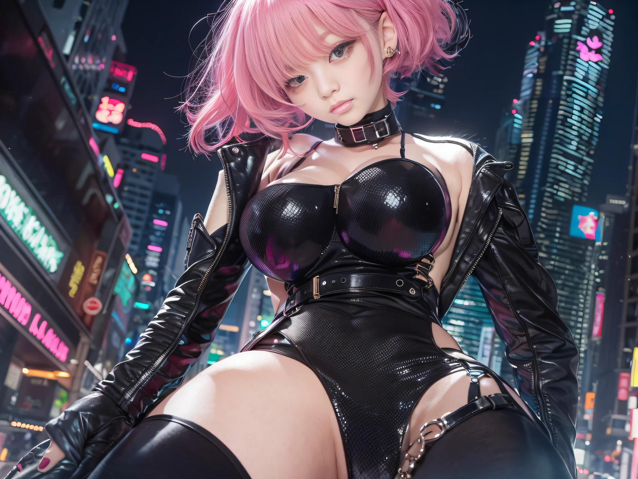 top-quality、超A high resolution、女の子1人、Futuristic bodysuit、Black choker、(huge-breasted:1.2)、high-heels, Futuristic motorcycle ride, Pink short hair, Upper body black swimsuit, Photo, The background is the city at night,Live Action,japanes,独奏,beautiful countenance,Wearing black stockings,neons,