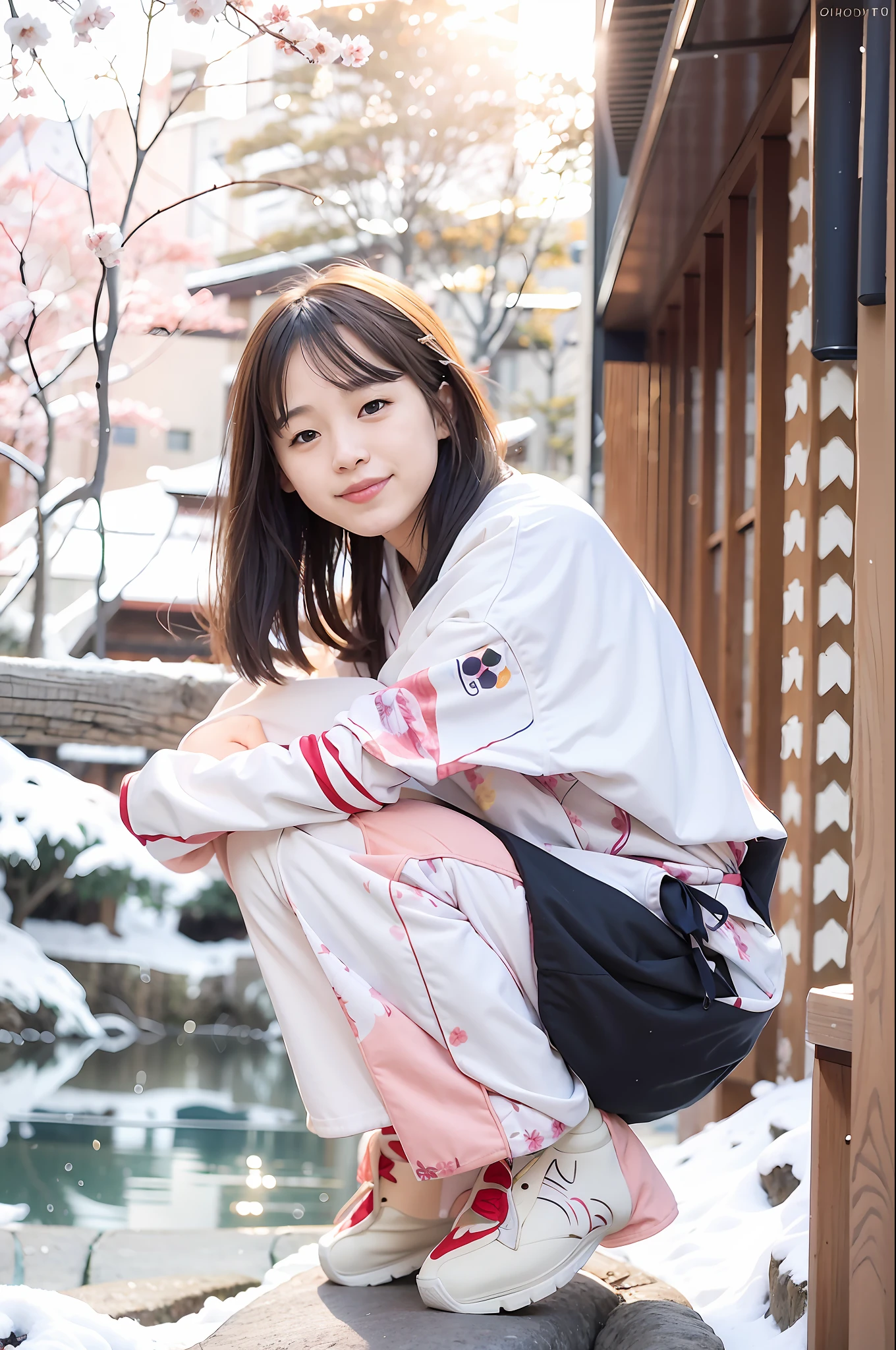 a girl sitting beside a beautiful lake, wearing a kimono, snows and sakura flowers in the air, winter