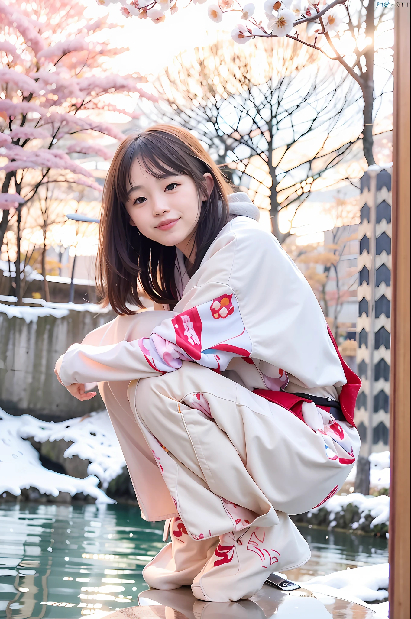 a girl sitting beside a beautiful lake, wearing a kimono, snows and sakura flowers in the air, winter