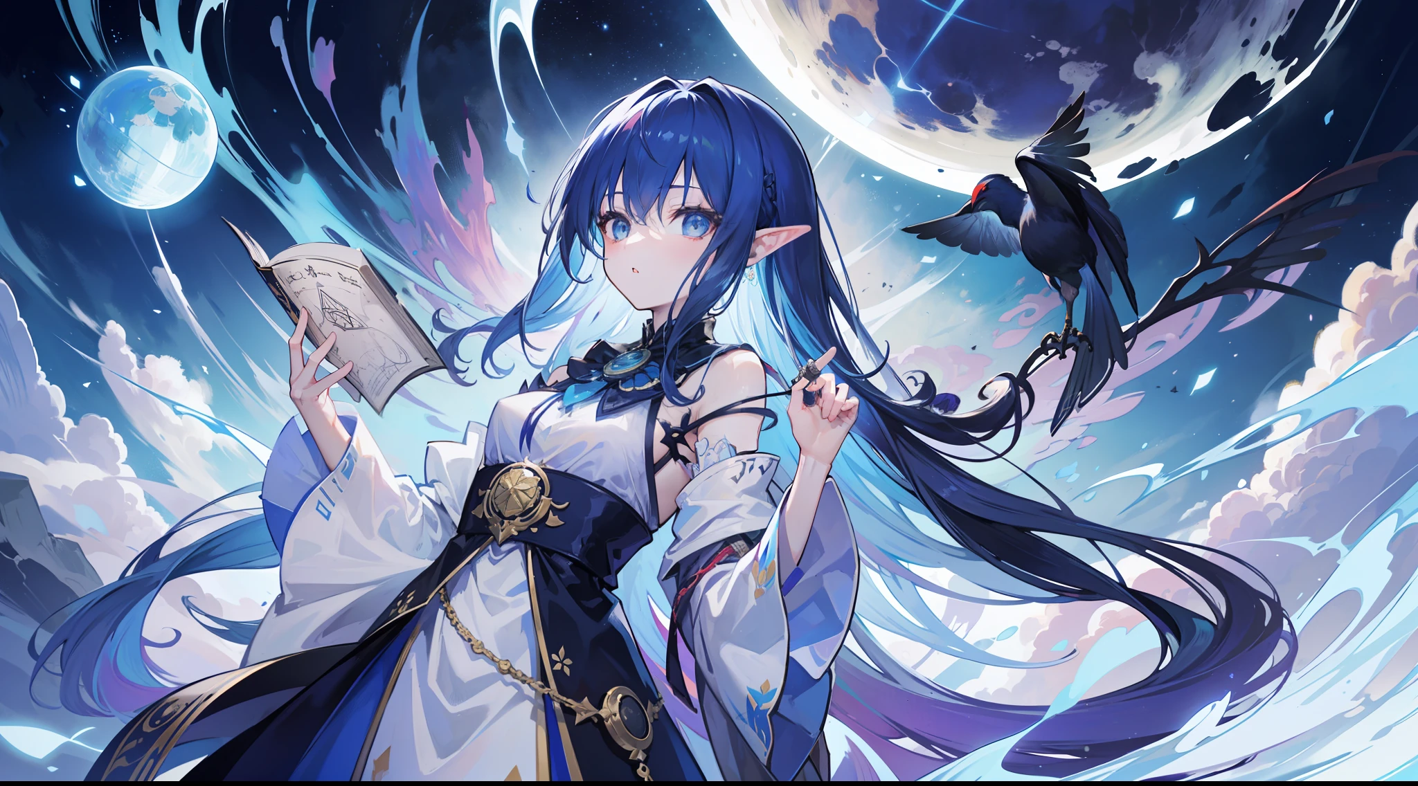 Death,Blood,Night, Dark, (Fantasy),infinite,deep blue sky,The abyss of knowledge,Cowledge,((masutepiece)), (((Best Quality))),((Beautiful fine eyes)),(Eye lashes)、The Monster、(1人)、Blue-haired、The long-haired、abyss eyes、glowy skin、oils、small tits、(Bird body、pluma)、tattered cloth、Tee、elvish、Super delicate CG Unity 32k wallpaper、masterpiece, ((ultra-detailliert)), ((illustratio)),colourfull,wall-paper,The energy,Unknown terror,Incomprehensible,Around the magic,Magical surroundings,magic wands,Boken,Flying pages,Know everything,Predict the future、Get to know the past、Infinite wisdom、blue flames、Warlock、magic circles、Pentagram、Spells、mantra、Singing magic