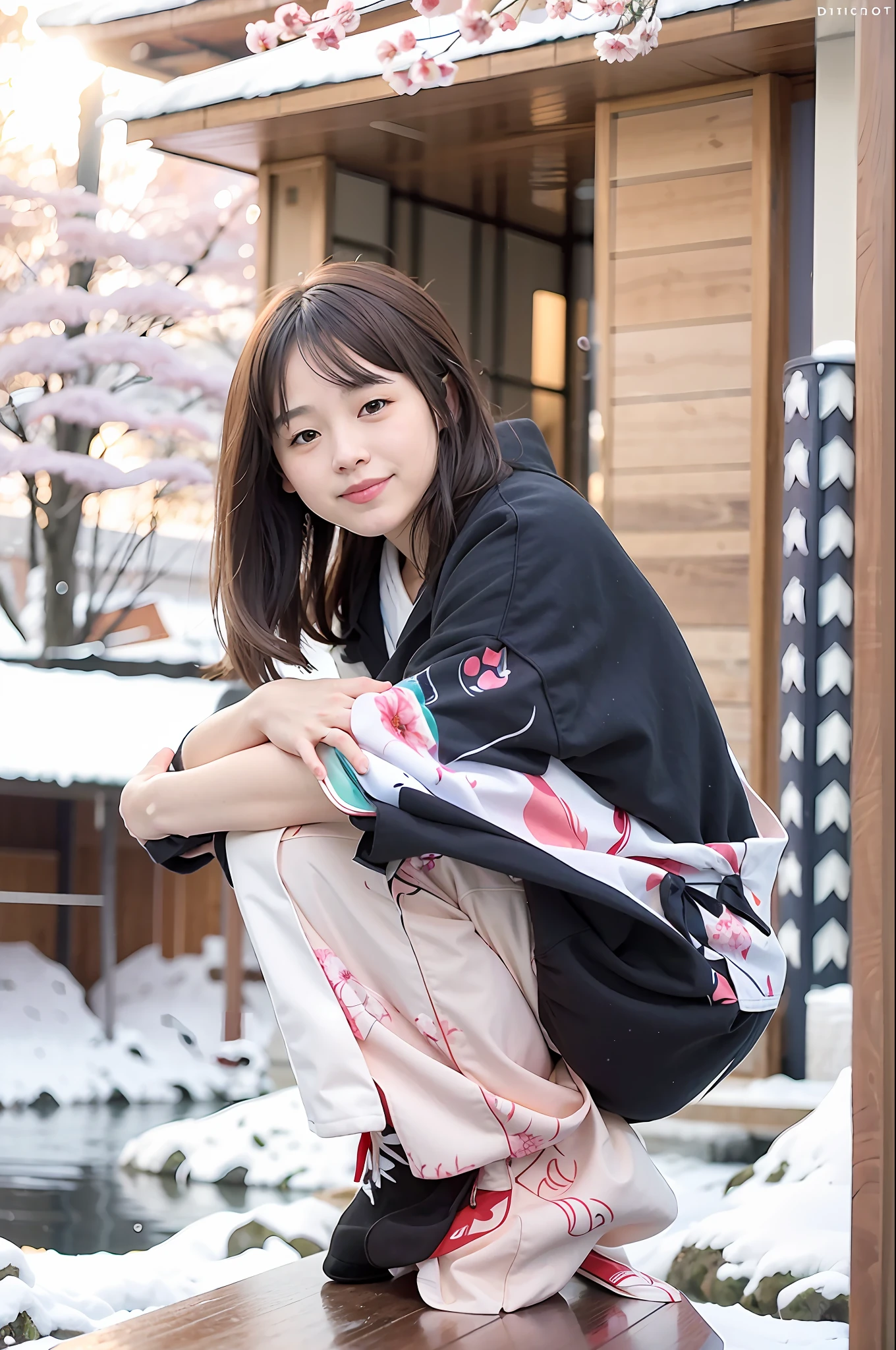 a girl sitting beside a beautiful lake, wearing a kimono, snows and sakura flowers in the air, winter