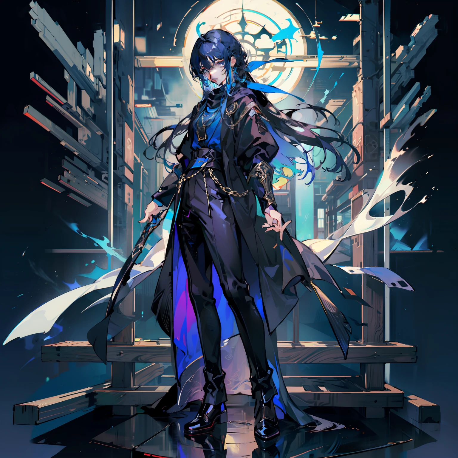 Anime - One in a black robe，Style drawing of man with blue scarf and black pants, ((wearing aristocrat robe)), clothing design, !!Full body portrait!!, Costume with blue accents, ( ( wearing a long coat ) ), dressed with long fluent clothes, in clothes! Highly detailed, lunar themed attire, highly detailed whole body, blue tunic and robes，Character drawings