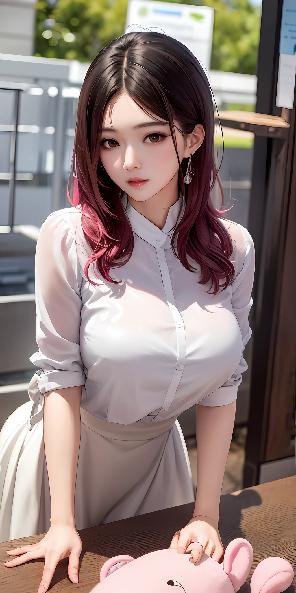 tmasterpiece,Best quality at best,photograph realistic,asda,the face,1girl,heads,Thick lips,with pink hair,sitted,moisty,shiny skins,mix4,Arapei Asian woman in white blouse holding pink teddy bear, beautiful Korean women, Gorgeous young Korean woman, Beautiful young Korean woman, Korean girl, jaeyeon nam, cute korean actress, ulzzangs, korean women's fashion model, Choi Hyun-hwa, young lovely Korean faces, wan adorable korean face, Beautiful girl model, sakimichan