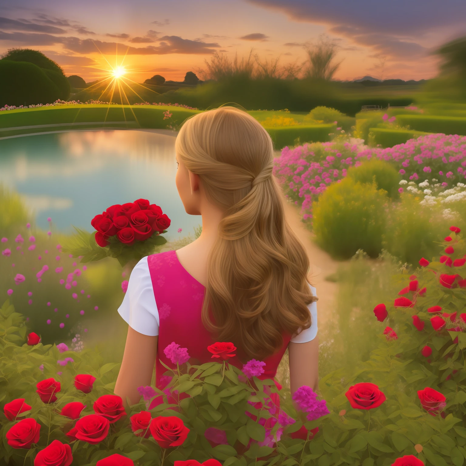 A square with gardens and roses (((vermelhas))), uma mulher sentada a beira de um lago vendo o por do sol, detalhe intricado, mulher com aspecto europeu, bem vestida e com cabelos ao vento,