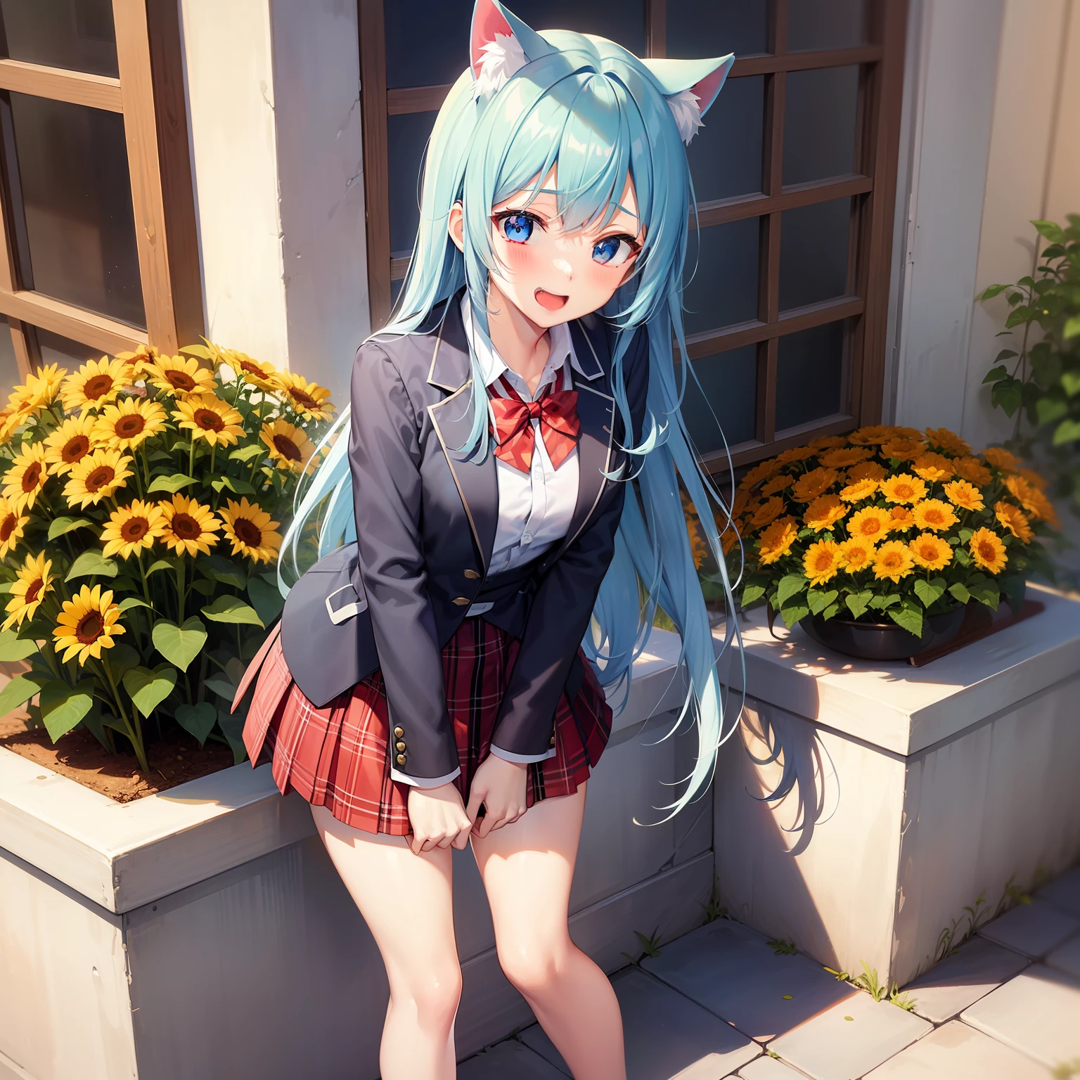 Aoi_Fukayuki、1 girl in、anime styled、full body Esbian、(blue hairs)、(shorth hair)、Shy laughter、red tide、blue eyess、blazers、、(Plain white shirt)、(red bowtie)、(Red checked skirt)、（Black stockings）、Absolute area、White cat ears、hightquality、best qualtiy、emphasizing thighs、to stand、Have a bouquet of rudbeckia、looking at away、happy birthday