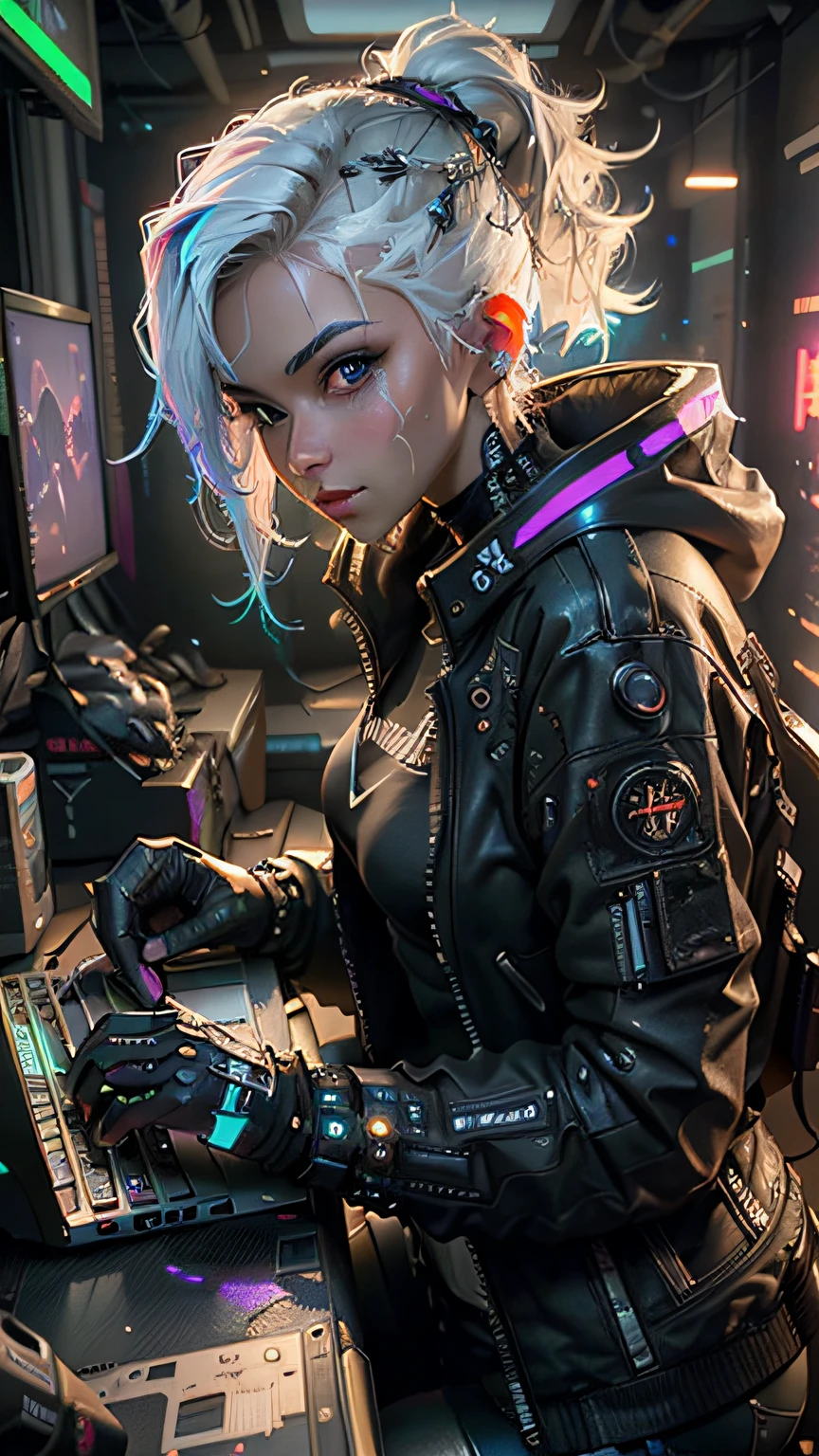 ((Best quality)), ((masterpiece)), (highly detailed:1.3), 3D, beautiful (cyberpunk:1.3) female hacker with choppy white hair black eyes operating a computer terminal, computer servers, LCD screens, fibre optic cables, corporate logos,HDR (High Dynamic Range),Ray Tracing,NVIDIA RTX,Super-Resolution,Unreal 5,Subsurface scattering,PBR Texturing,Post-processing,Anisotropic Filtering,Depth-of-field,Maximum clarity and sharpness,Multi-layered textures,Albedo and Specular maps,Surface shading,Accurate simulation of light-material interaction,Perfect proportions,Octane Render,Two-tone lighting,Low ISO,White balance,Rule of thirds,Wide aperature,8K RAW,Efficient Sub-Pixel,sub-pixel convolution,luminescent particles,