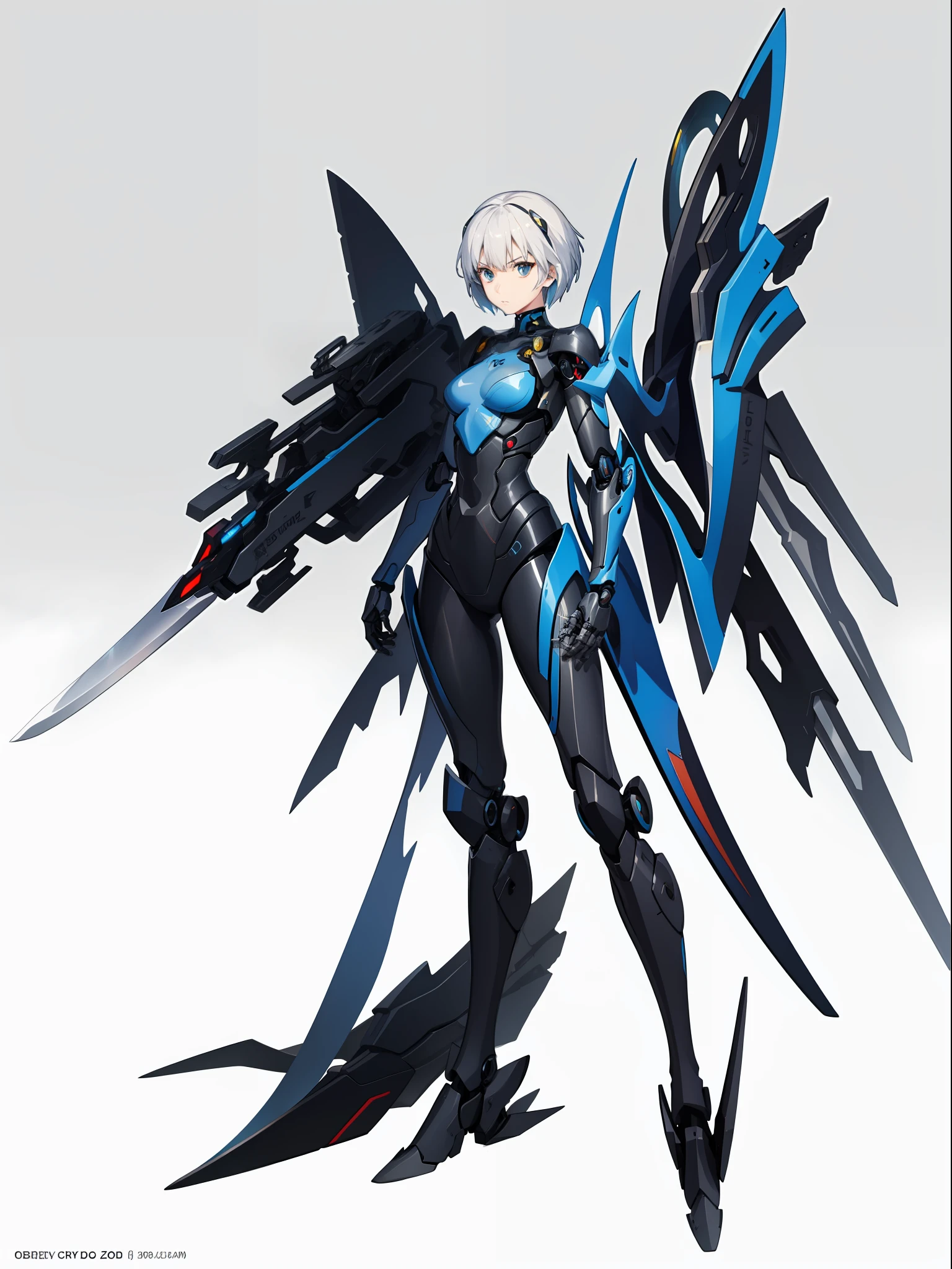 Anime figure, girl in mecha cyber armor, perfect anime cyborg woman,Anime shoujo mecha, female mecha, anime robots, Cute cyborg girl,Anime girl, Best anime 4k , Beautiful woman organic blend, Mecha suit, Beautiful white girl cyborg melancholy expression Rei Ayanami,full metal armor,Standing with sword in both hands, zero machine background, ultra-transparent steel wings, metal streamer pattern