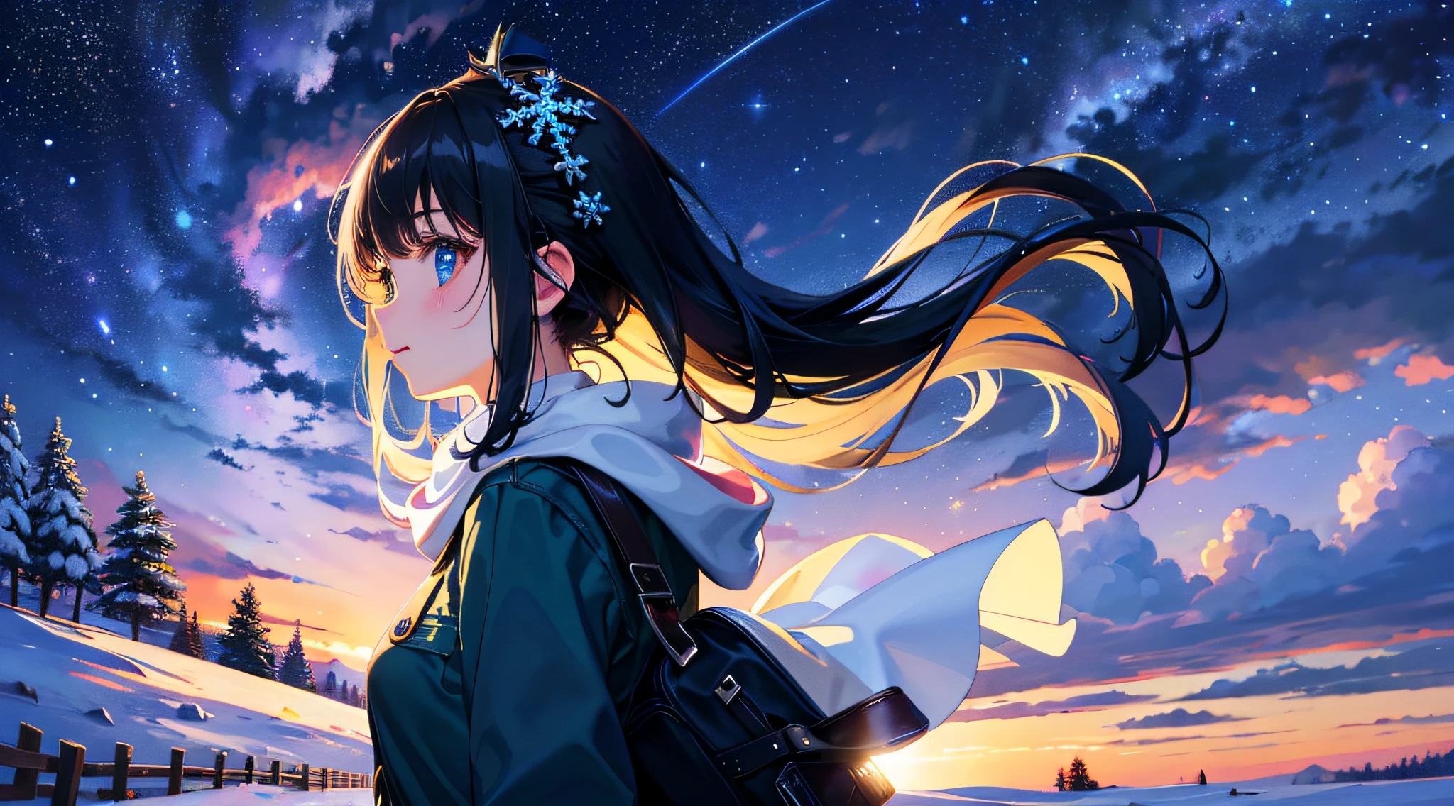 best quality, masterpiece, winter, from side, wind snow effect, starry sky, focus sky, detailed reflex, night, cinematic lighting, caustics, (wide shot:1.1), detailed cute silhouette girl, dirt road, overlook,