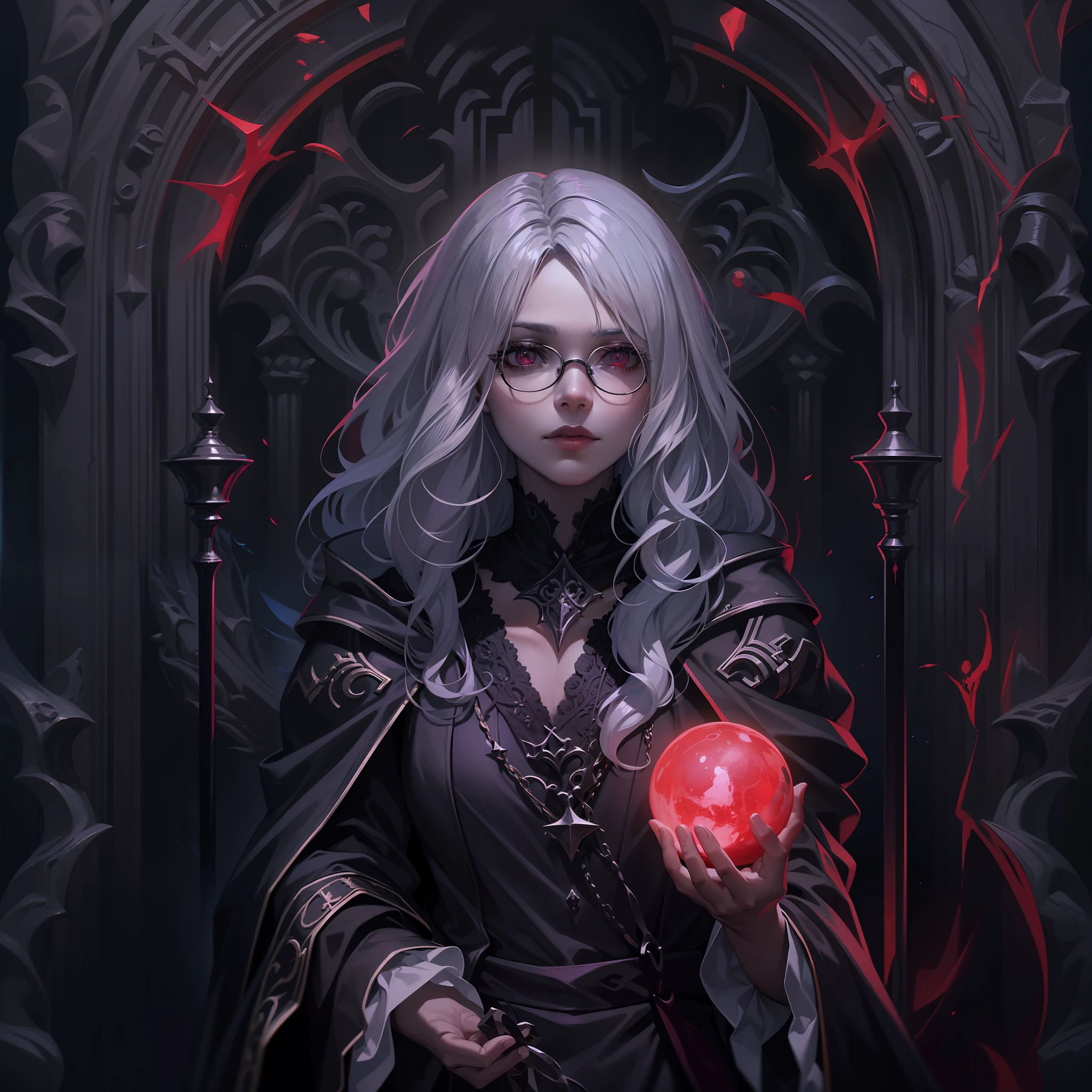 extremely detail, very detailed delicate skin, maximum resolution, greatest masterpiece, extremely beautiful illustration. dungeon synth with symphonic metal style, dark fantasy core, infrared film background, 1girl is 16 years old, deep gray hair, pale red eyes, full body, stylish pose, wizard, ornament full-robe and a wand, leather boots, many lust magic orb, cool face with eyewear, black light with outer glow, neo-gothic texture, extremely photogenic,