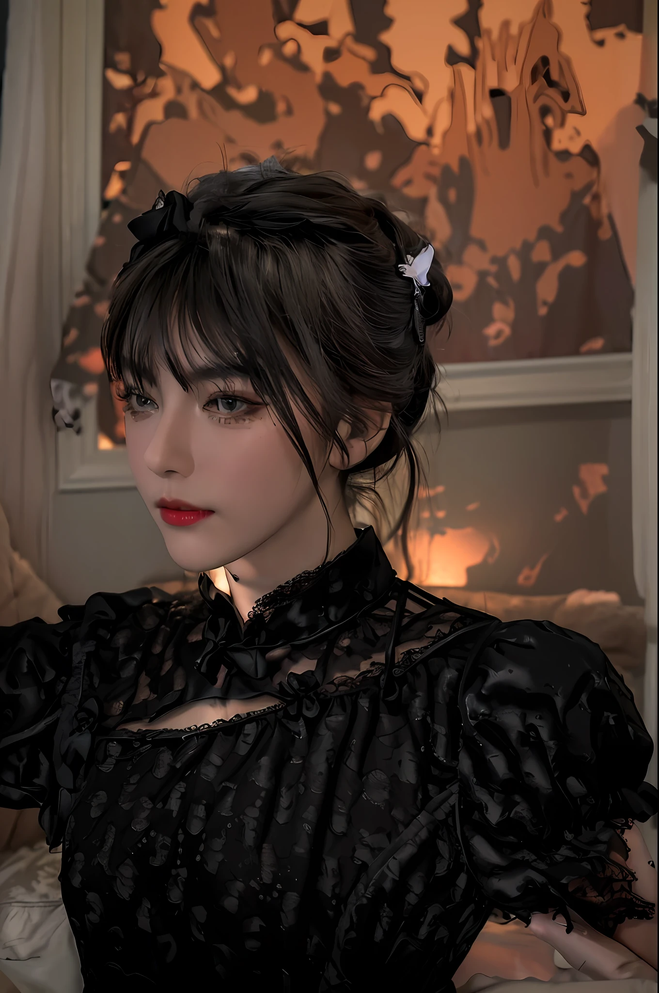 Best quality, masterpiece, ultra high res, (photorealistic:1.4), raw photo, 1girl, ((black lace nightgown)), ((small breast)), cold light
