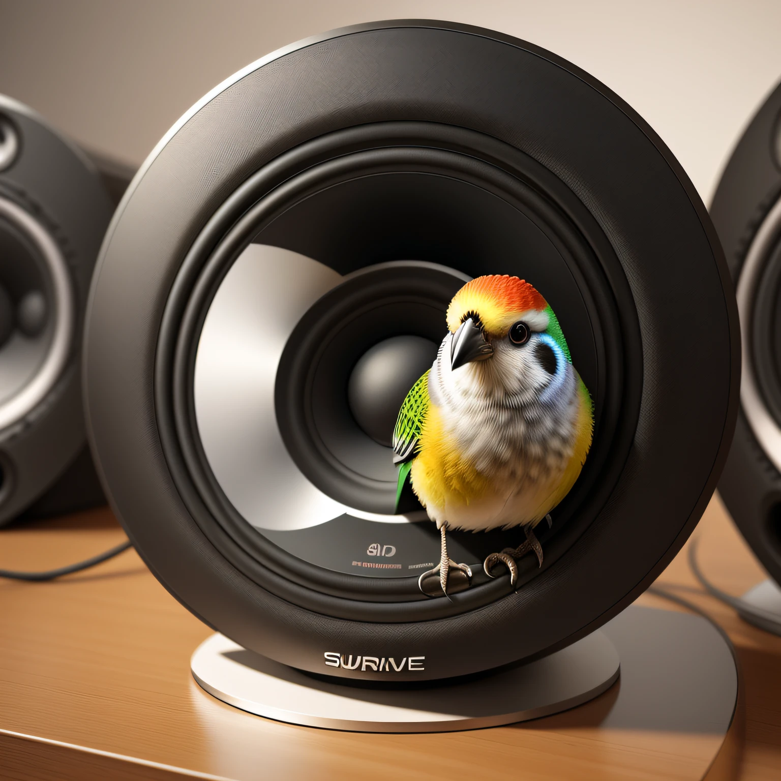 There was a bird sitting on a speaker on a table, ultra realistic 3d illustration, super detailed render, detailed portrait shot, highly detailed render, hyper realistic rendering, close up portrait shot, octave render, 8 k octanerender, realistic cinema 4 d render, pet bird, birb, close - up portrait shot, semi - realistic render