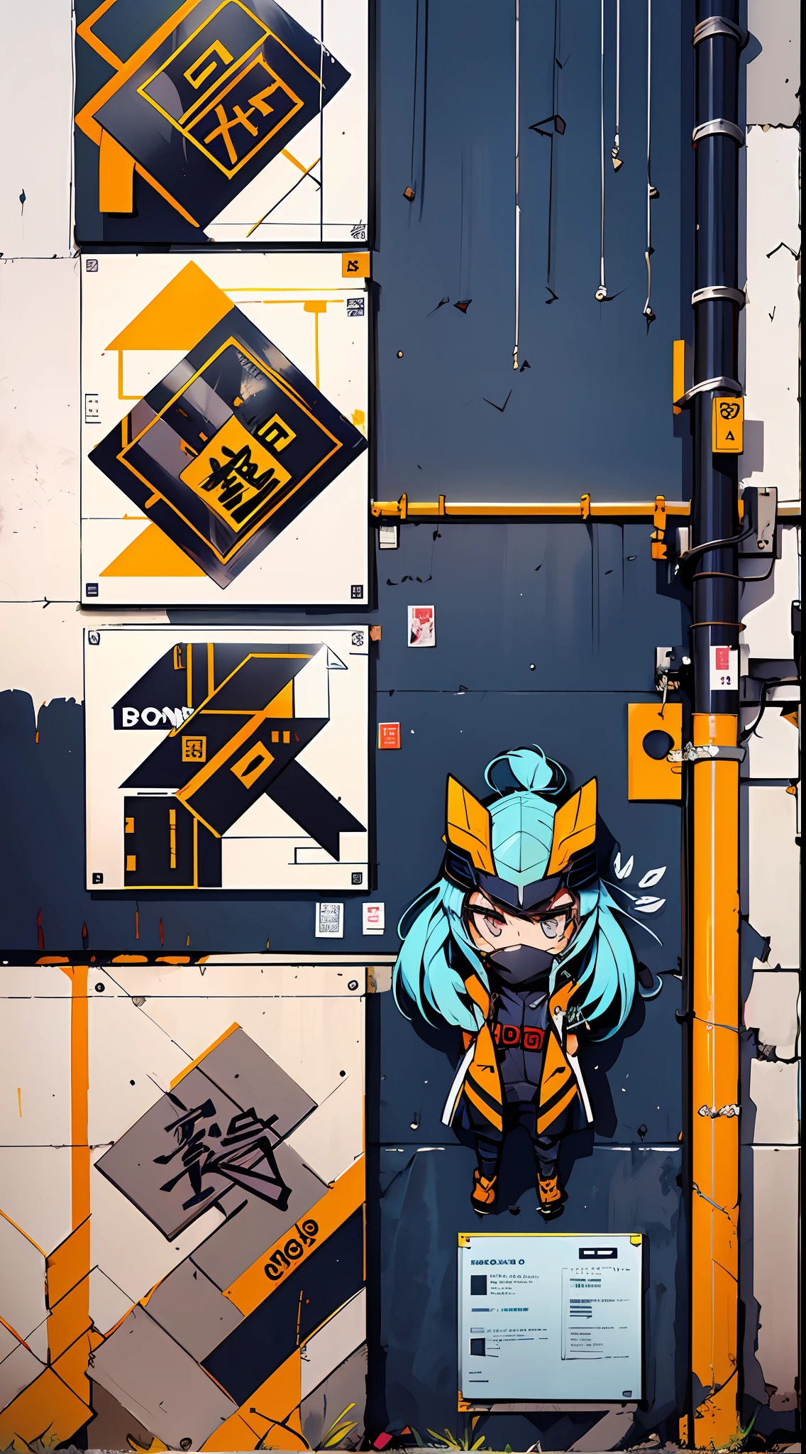 formato sticker alto colante, Misto-idioma_Texto, letras japonesas em graffit destaque, formas tribal abstrata