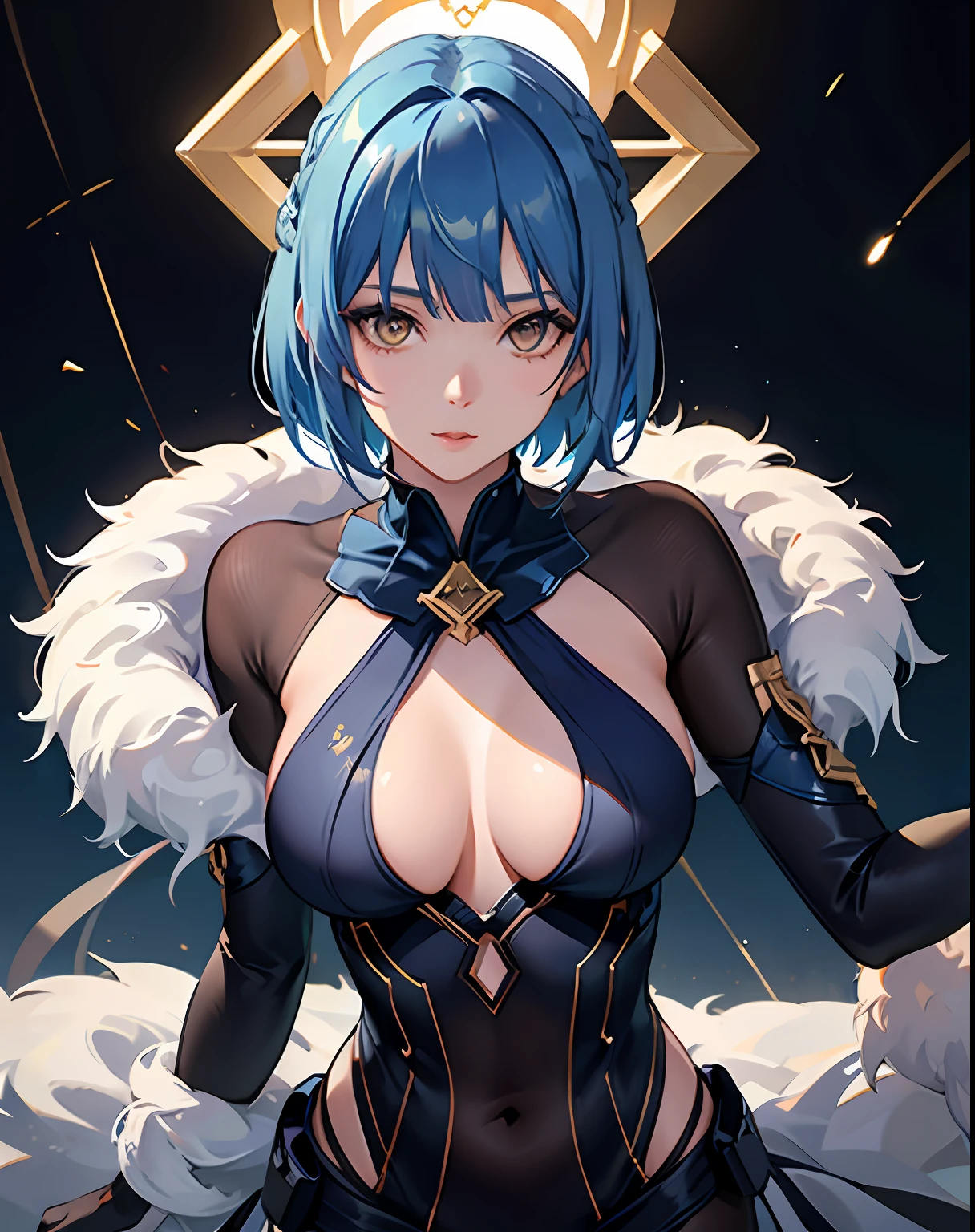 zydG, 1girl, detailed skin, looking at viewer, golden eyes, Eula Lawrence (Genshin Impact:1) (short blue hair with bangs:1.2), (medium breasts:1.0), (medium areolae:0.8), (photorealistic:1.4), (best quality:1.0), (ultra highres:1.0), 8k, RAW photo, (masterpiece:0.2), (pureerosface_v1:0.5)