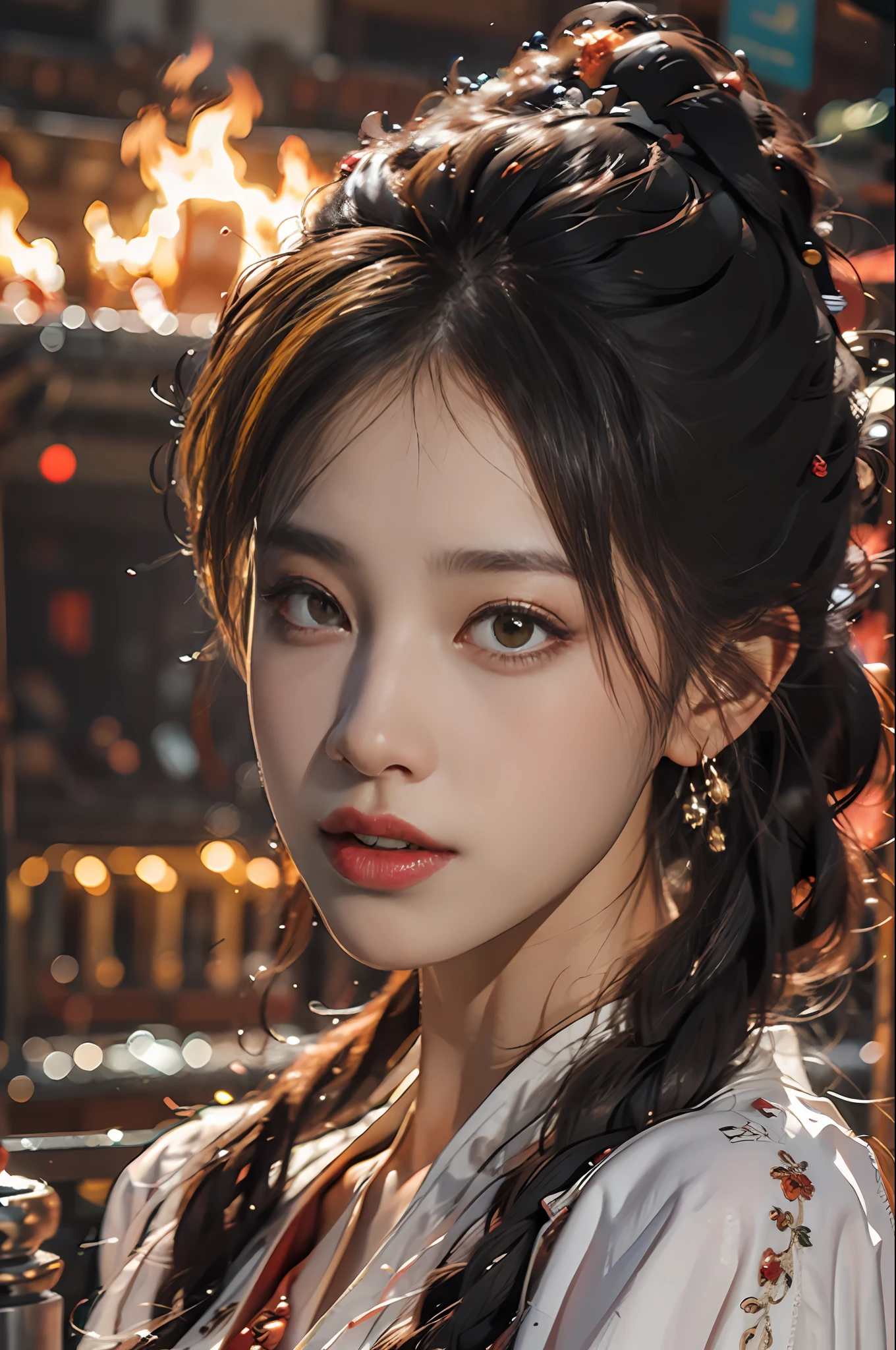 Best quality,masterpiece,ultra high res,(photorealistic:1.4)1girl,beautiful_face,detailed skin,full body,yuhuoshu,jewelry,solo,earrings,(fire:1.3),blurry,realistic,lips,