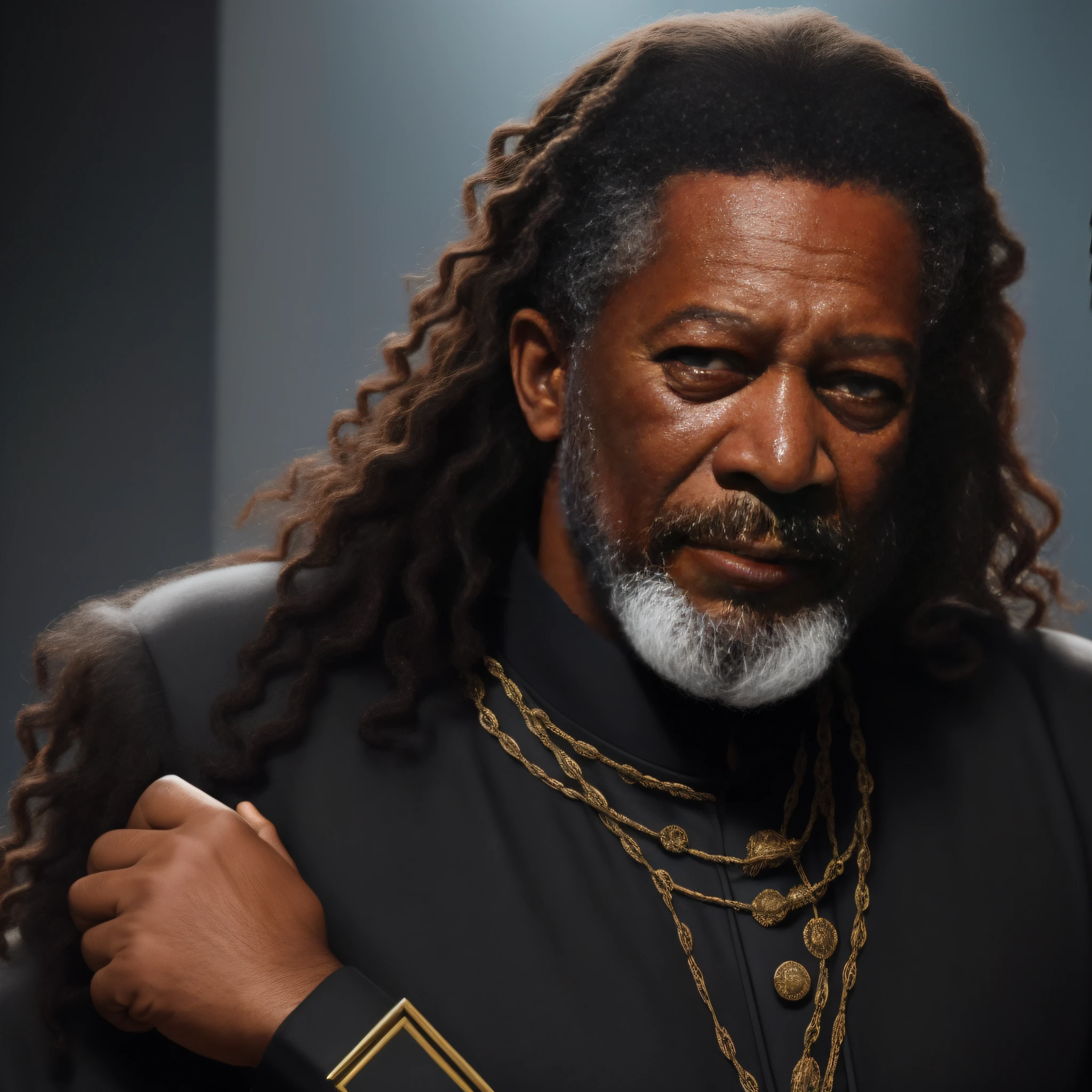 MORGAN FREMAN HOMEM VELHO NEGRO ATOR DE CINEMA, COM TERNO PRETO CABELOS GRISALHOS REAL