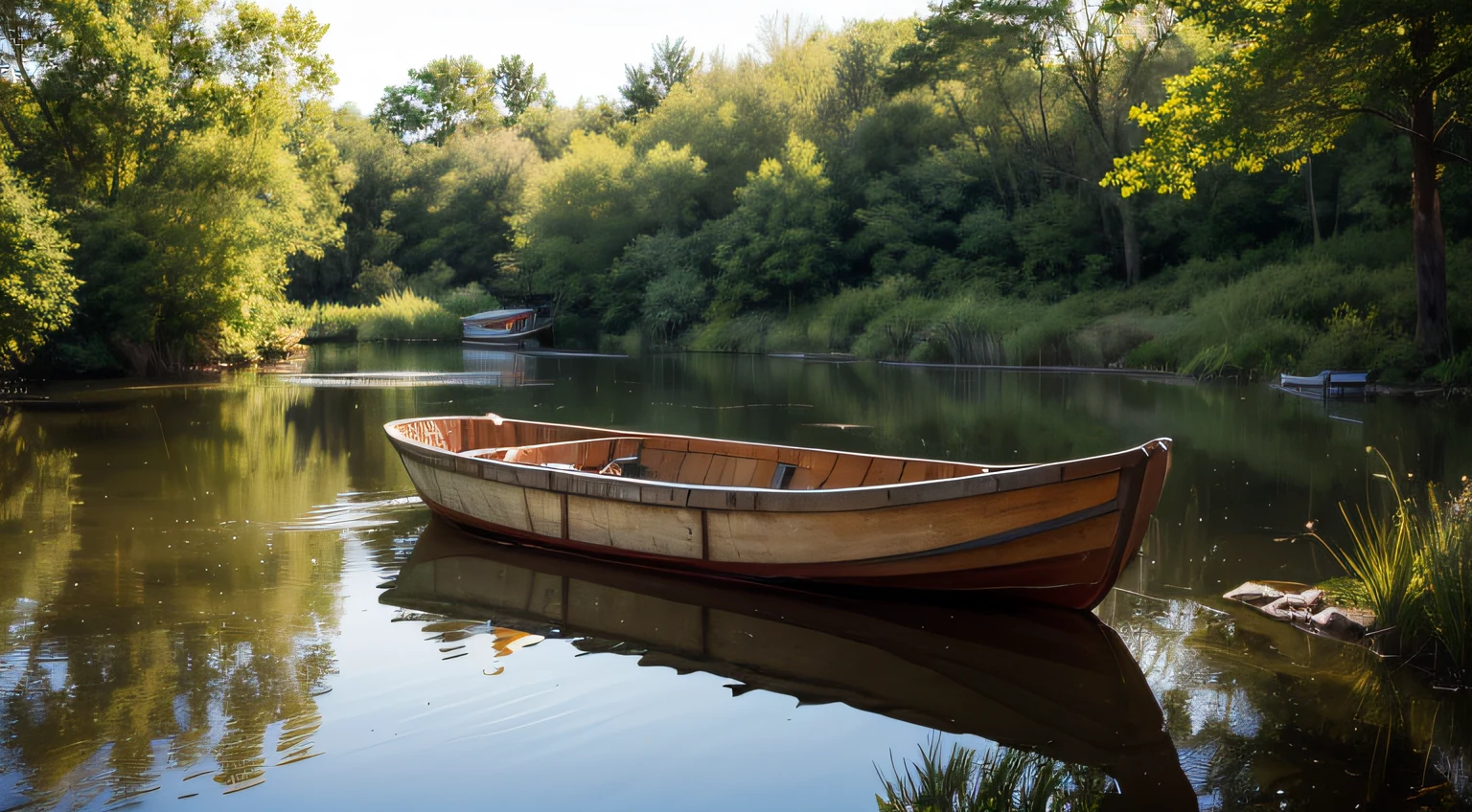 Wallpaper, summer pond, pond, boat, afternoon sun, reeds, pond background, depth of field, hot weather, HD detail, wet watermark, hyperdetail, realistic photo, 16k, surrealism, soft light, deep field focus bokeh, ray tracing, diffuse (ultra-fine glass reflection) and surrealism. --v6