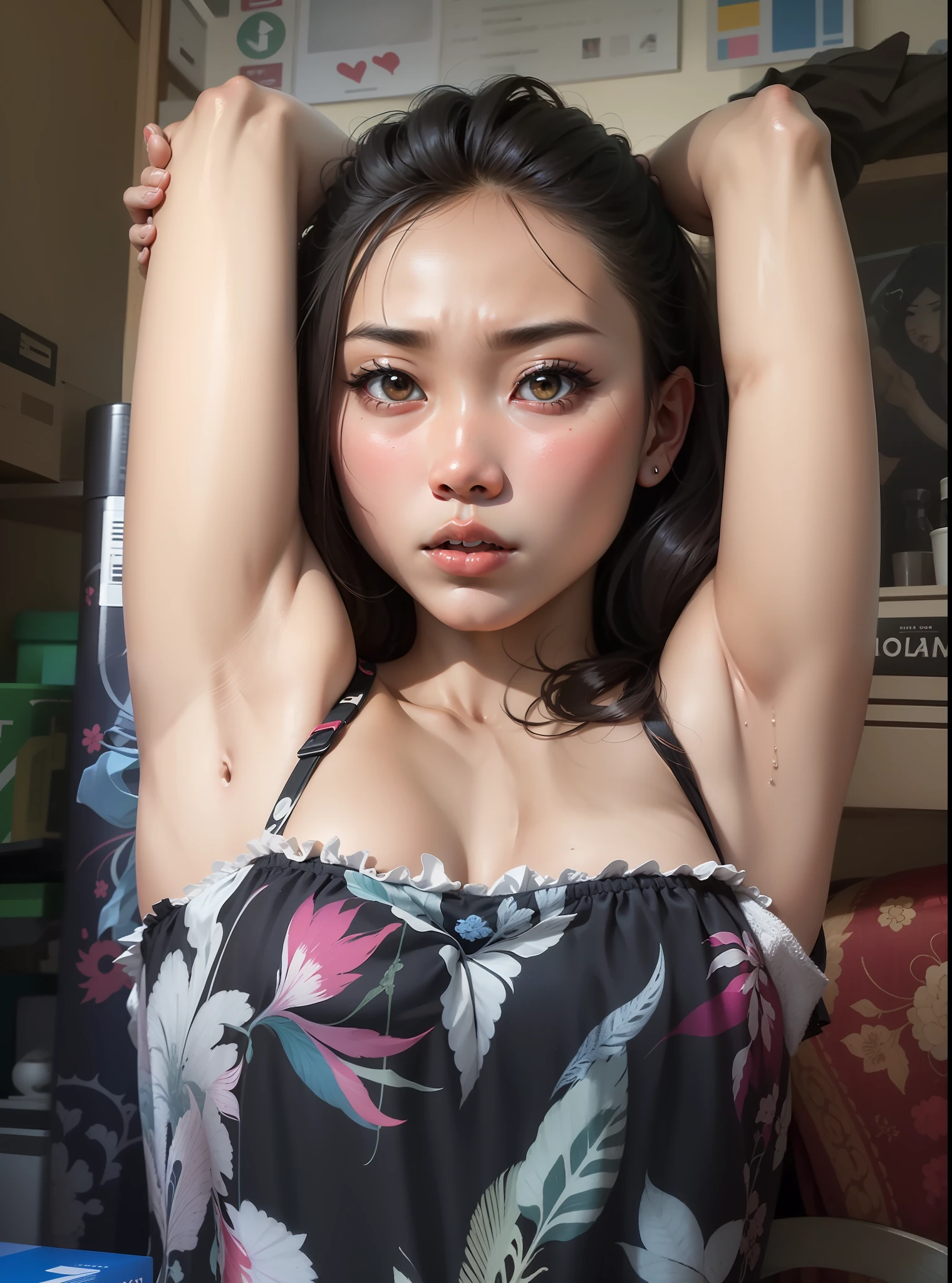 Hit exotic indonesian Girl with arms strechcing and armpits exposed above her head.