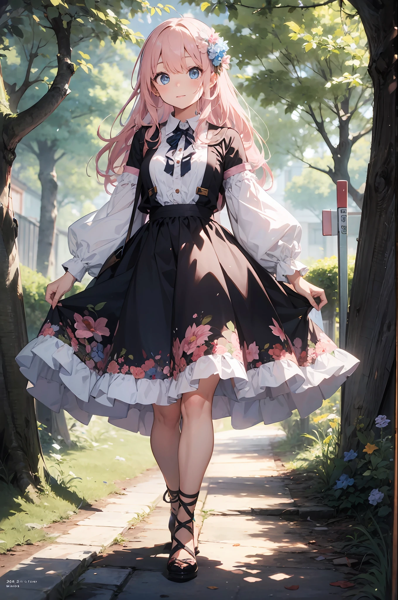Young Woman, Light pink hair, Blue eyes, Cute colorful dress with lacing, Magic herbs, Enchanted flower garden, Trees around, Comic Art Style,Present Box