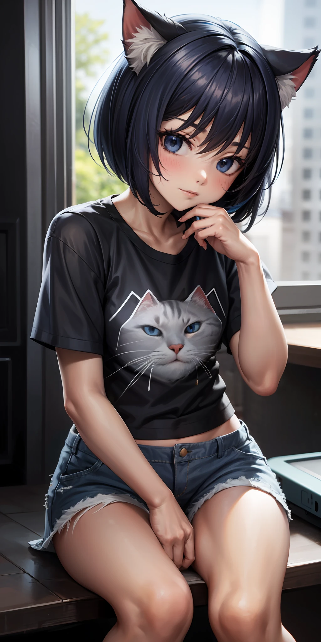 anime trait, best quality, girl, child, small, blue eyes, black short hair, comb on top of head, cat ears, white skin, on cheek cat whiskers, cat tail on white tip, casual shirt, black shorts, wearing trainers --auto --s2